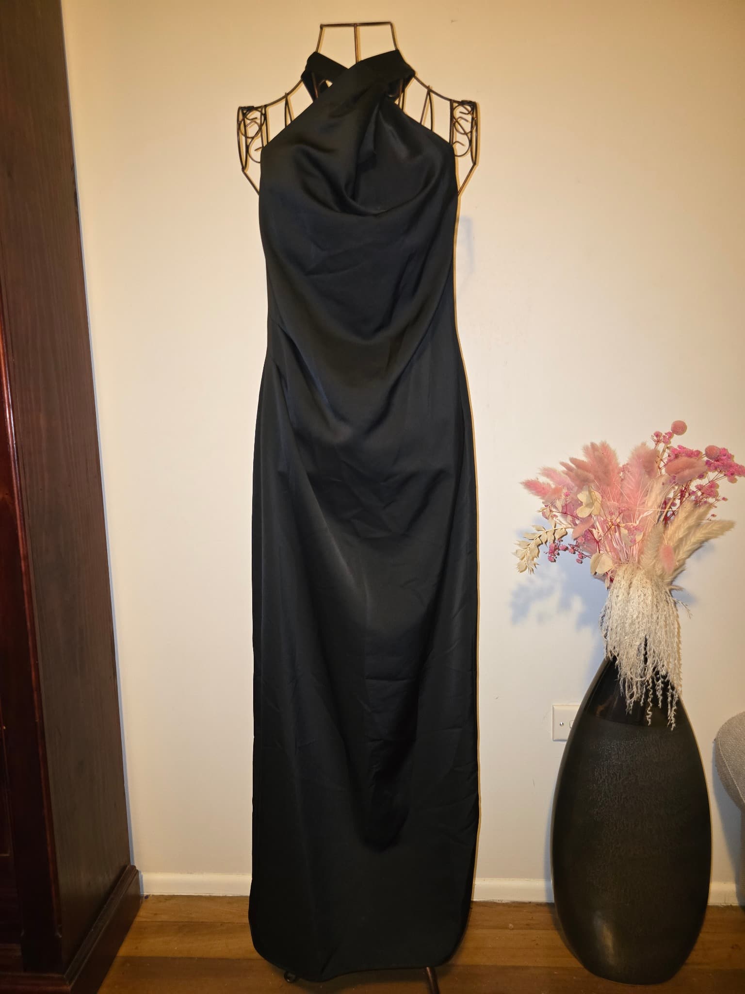 Veronika Maine Maxi Dress Cowl Neck Halter Satin Black Women's 10 — photo 2 of 6