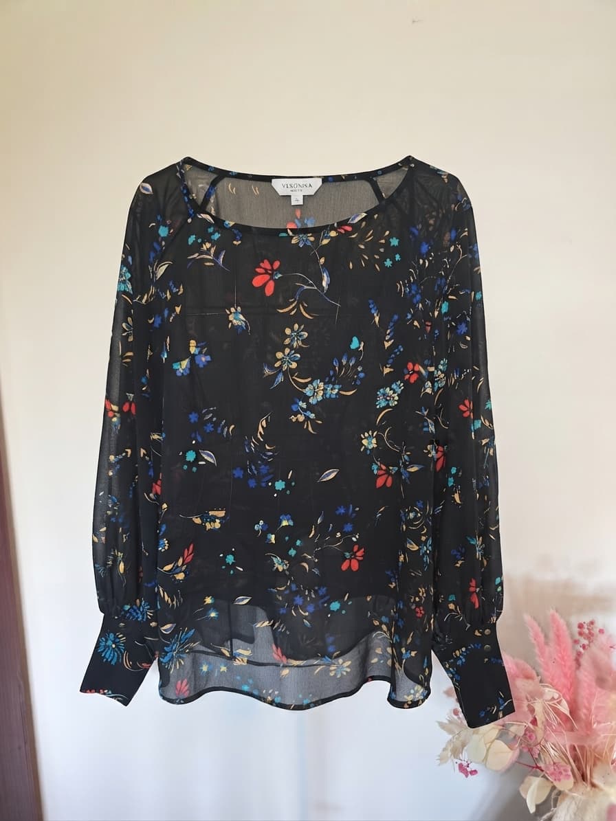 Veronika Maine Sheer Floral Blouse Long Sleeve Black Women's 12 — photo 1 of 5