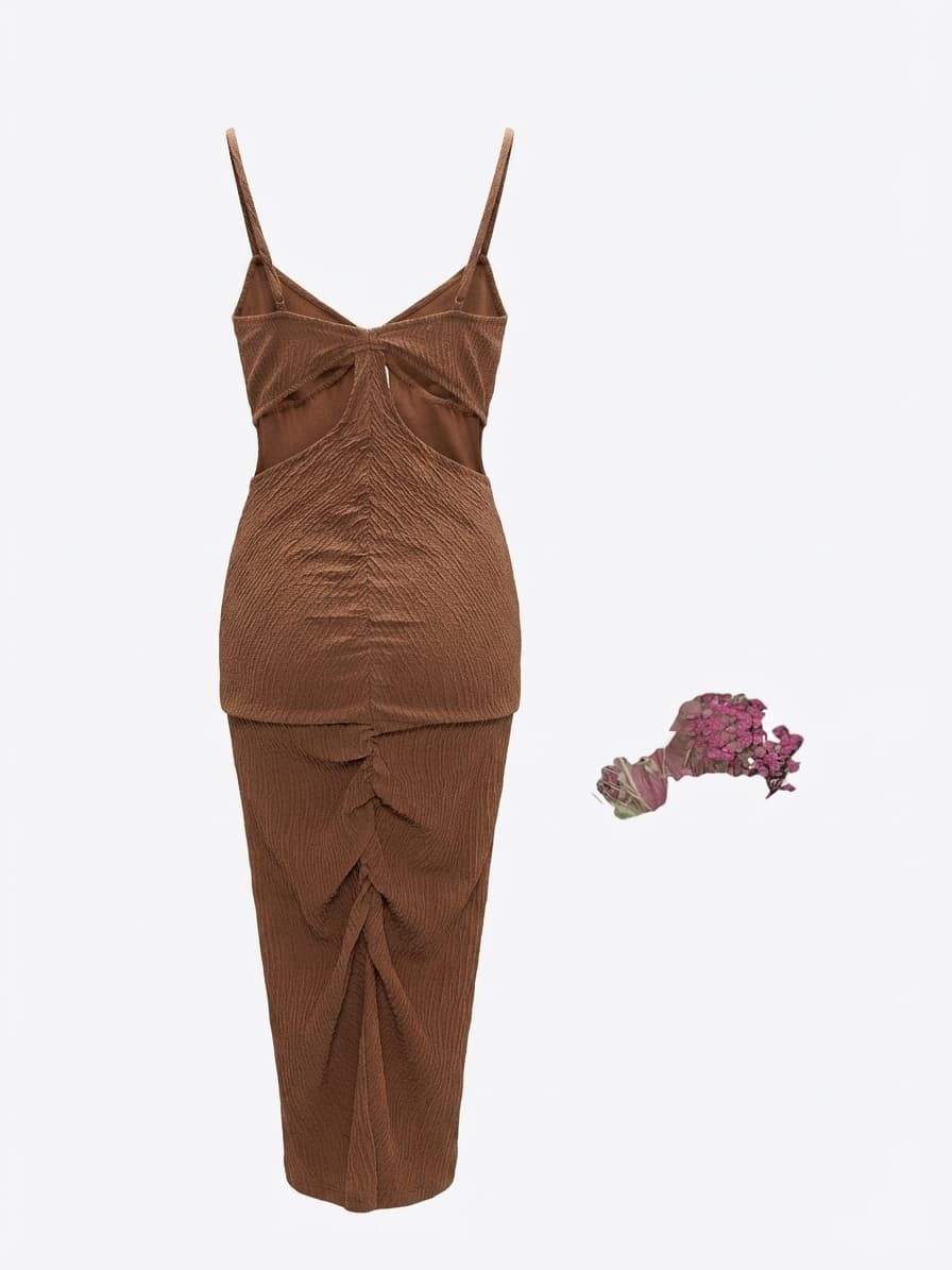 Zara Midi Dress Textured Cut-Out Brown Women's XS — photo 1 of 5