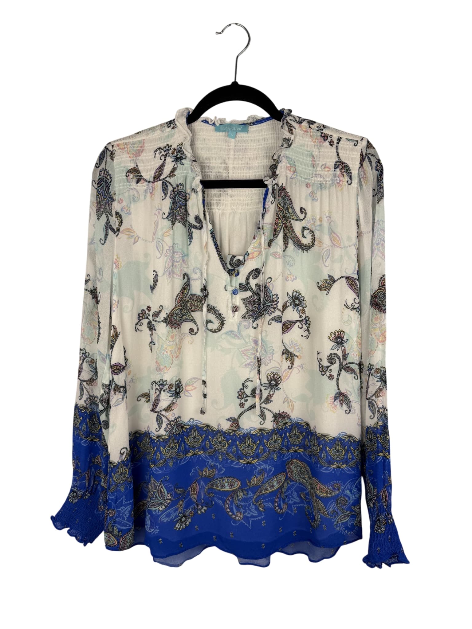 Blue Illusion Paisley Print Smocked Blouse Women's Size L — photo 1 of 7