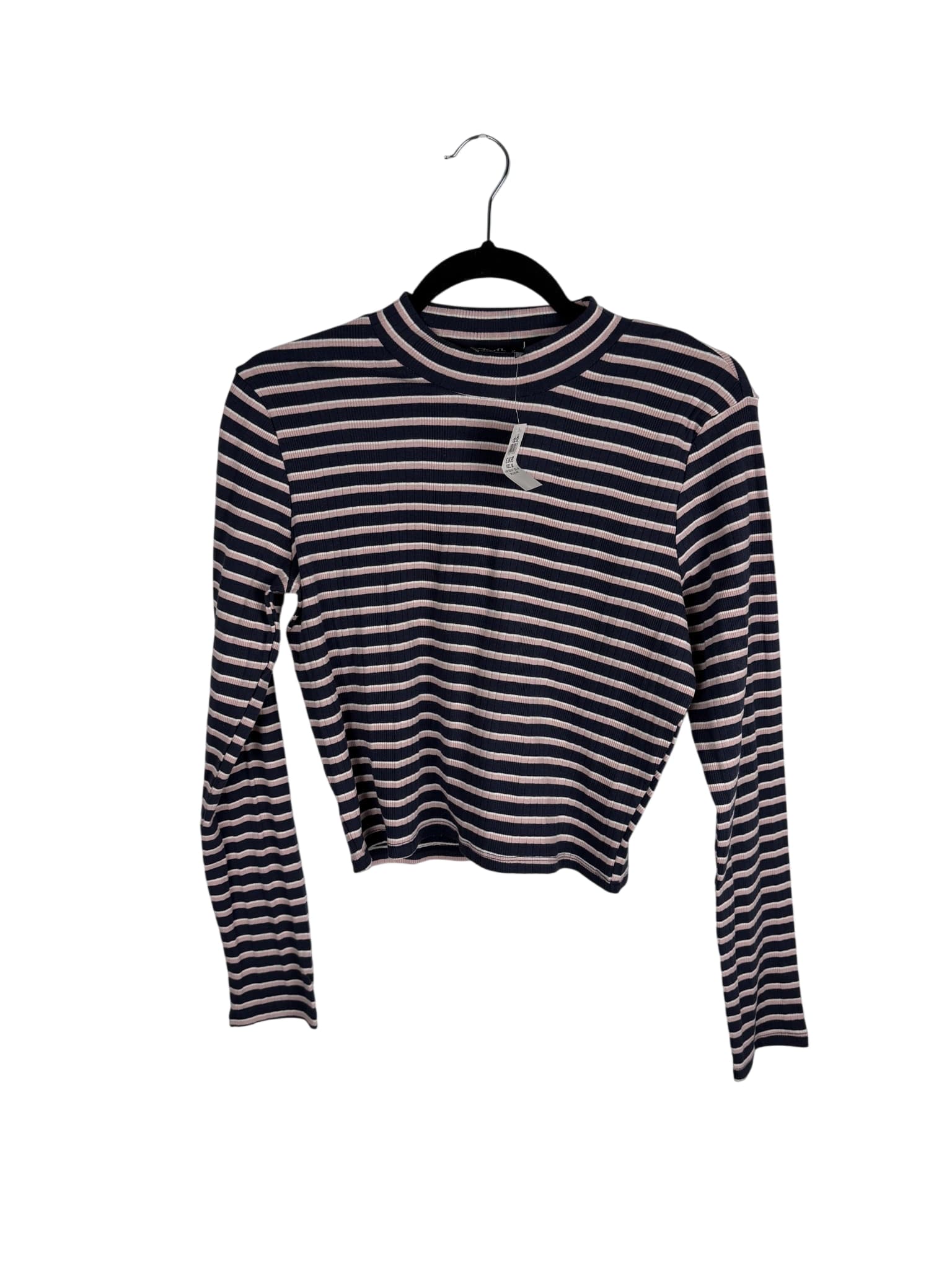Dotti Ribbed Striped Mock Neck Long Sleeve Crop Top Navy Pink Size M — photo 1 of 7