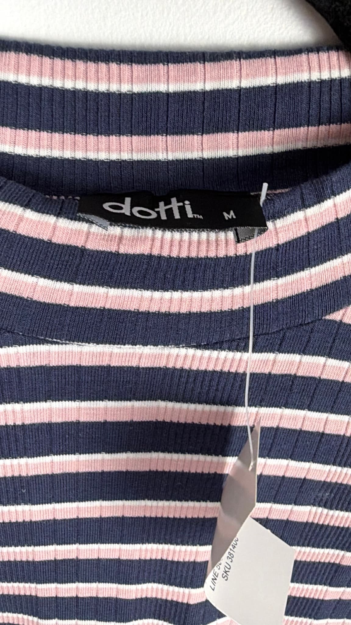Dotti Ribbed Striped Mock Neck Long Sleeve Crop Top Navy Pink Size M — photo 2 of 7