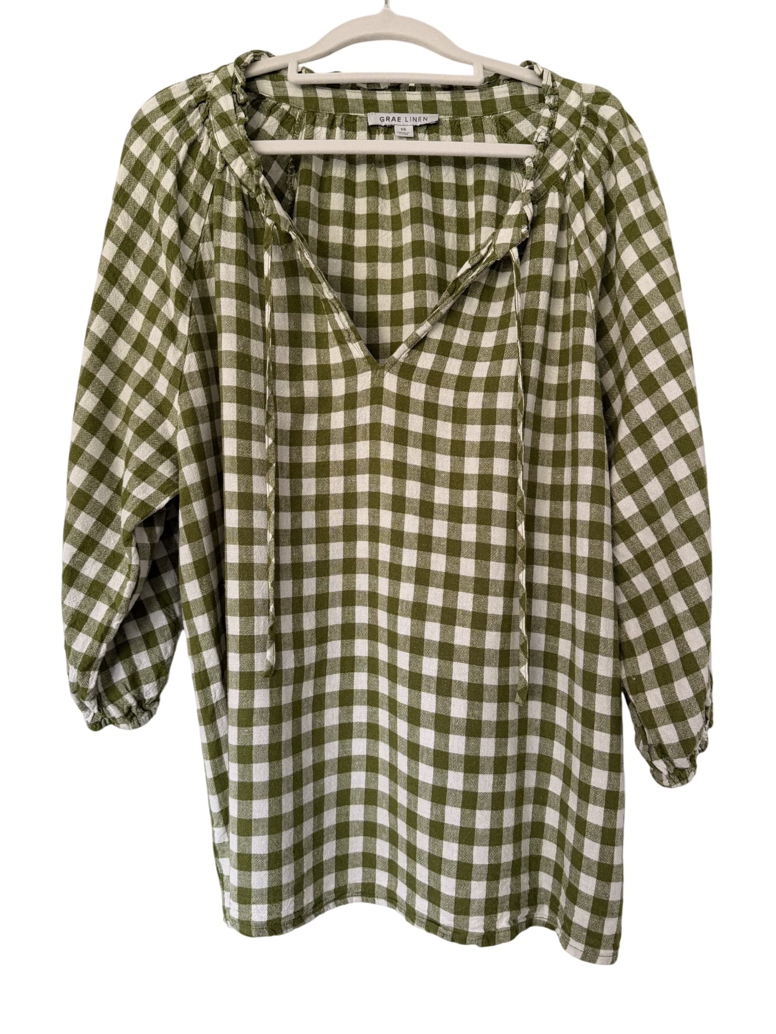 Grae Linen Green White Gingham Check Blouse Women's Size 14 — photo 1 of 6