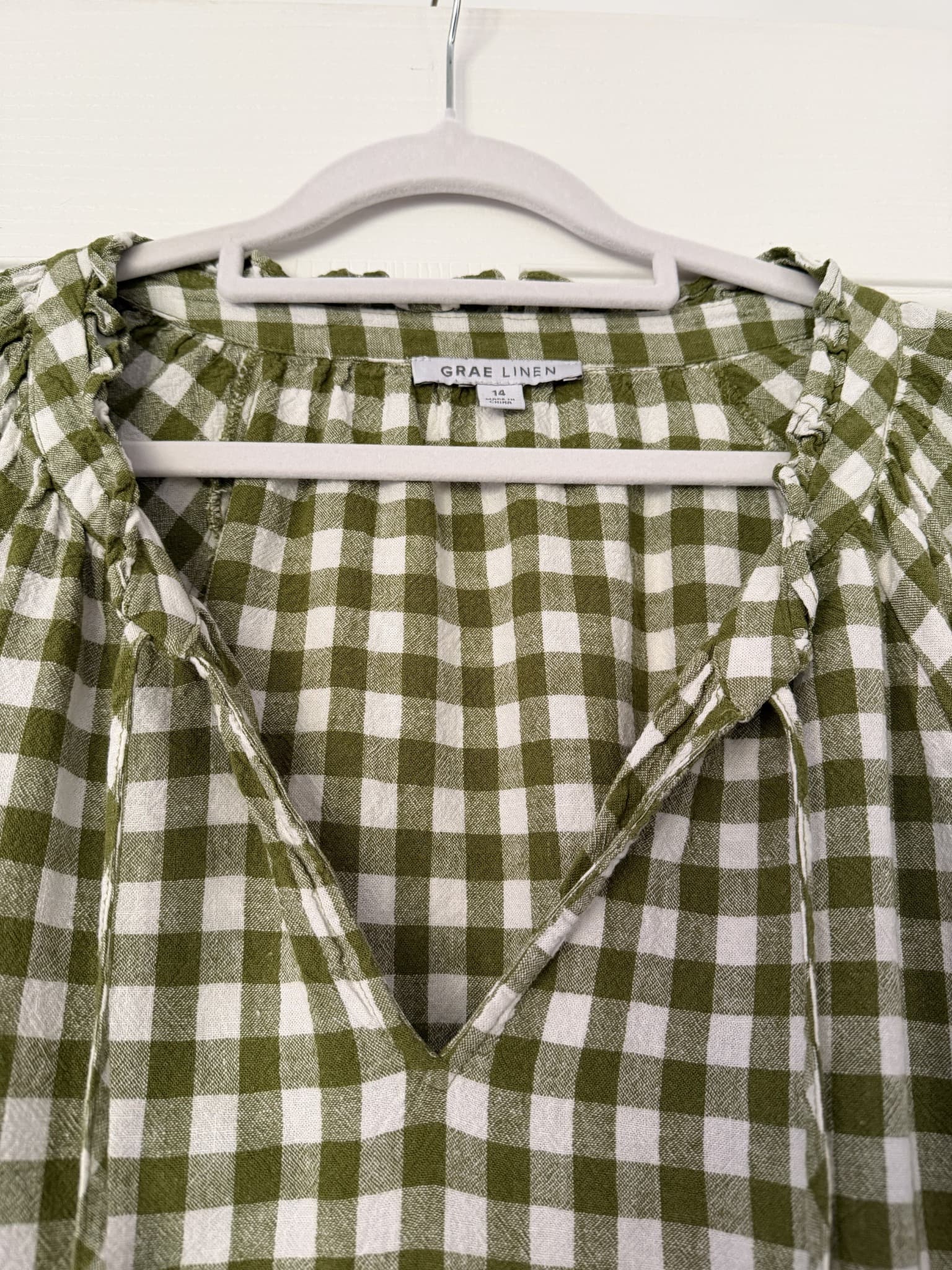 Grae Linen Green White Gingham Check Blouse Women's Size 14 — photo 6 of 6