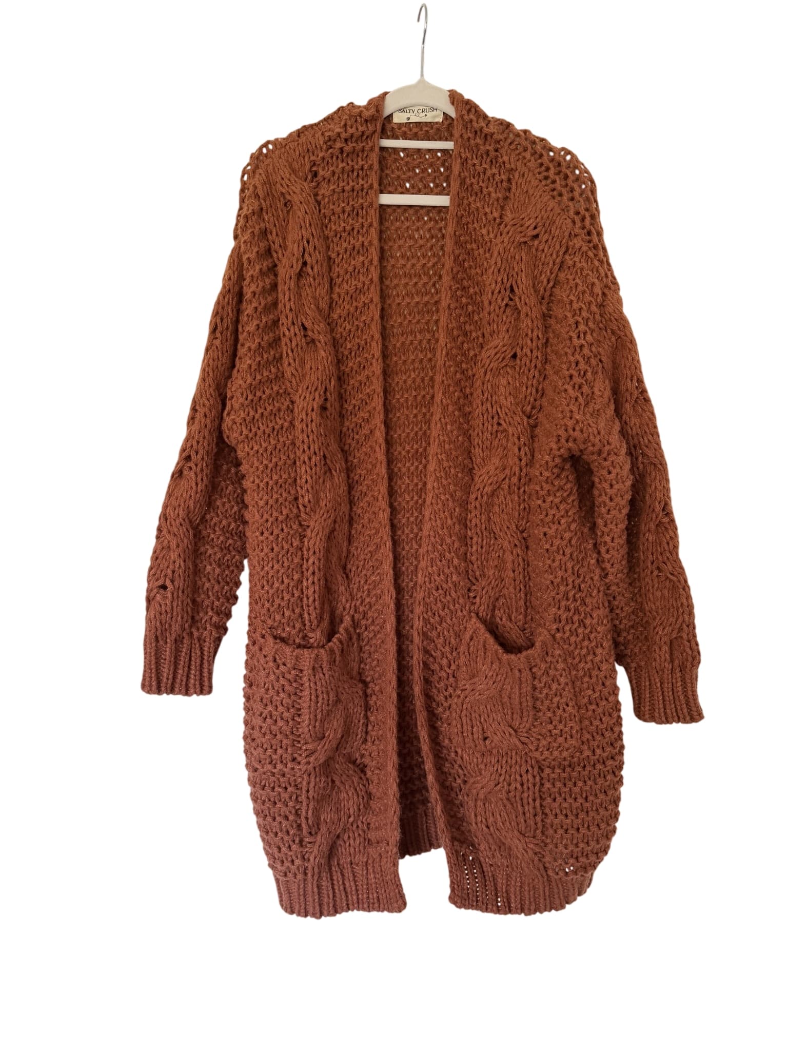 Salty Crush Brown Cable Knit Cardigan Women's Open Front — photo 1 of 8