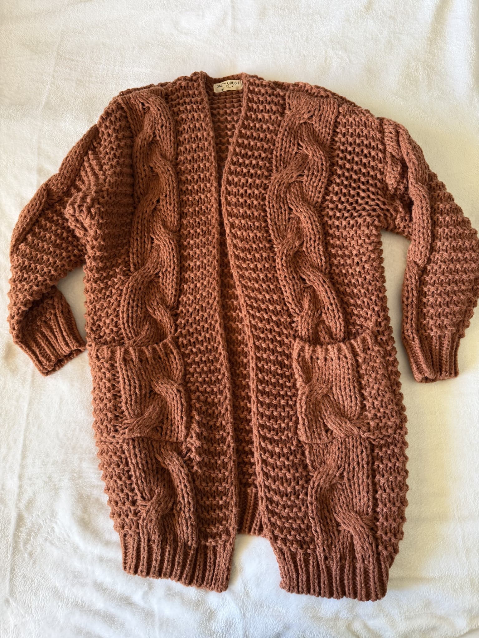Salty Crush Brown Cable Knit Cardigan Women's Open Front — photo 8 of 8