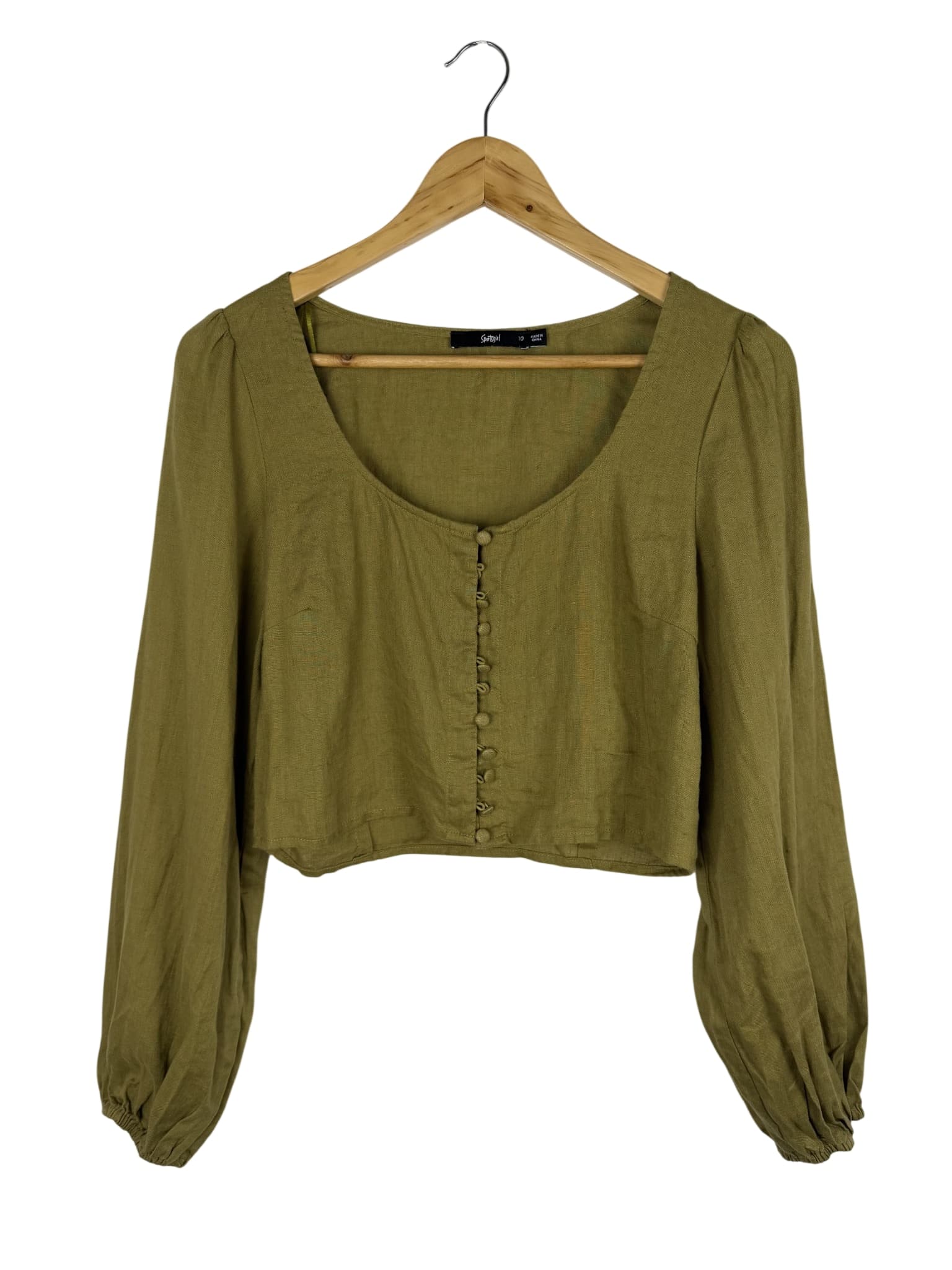 Sportsgirl Olive Green 100% Linen Button-Down Long Sleeve Crop Top Size 10 — photo 1 of 6