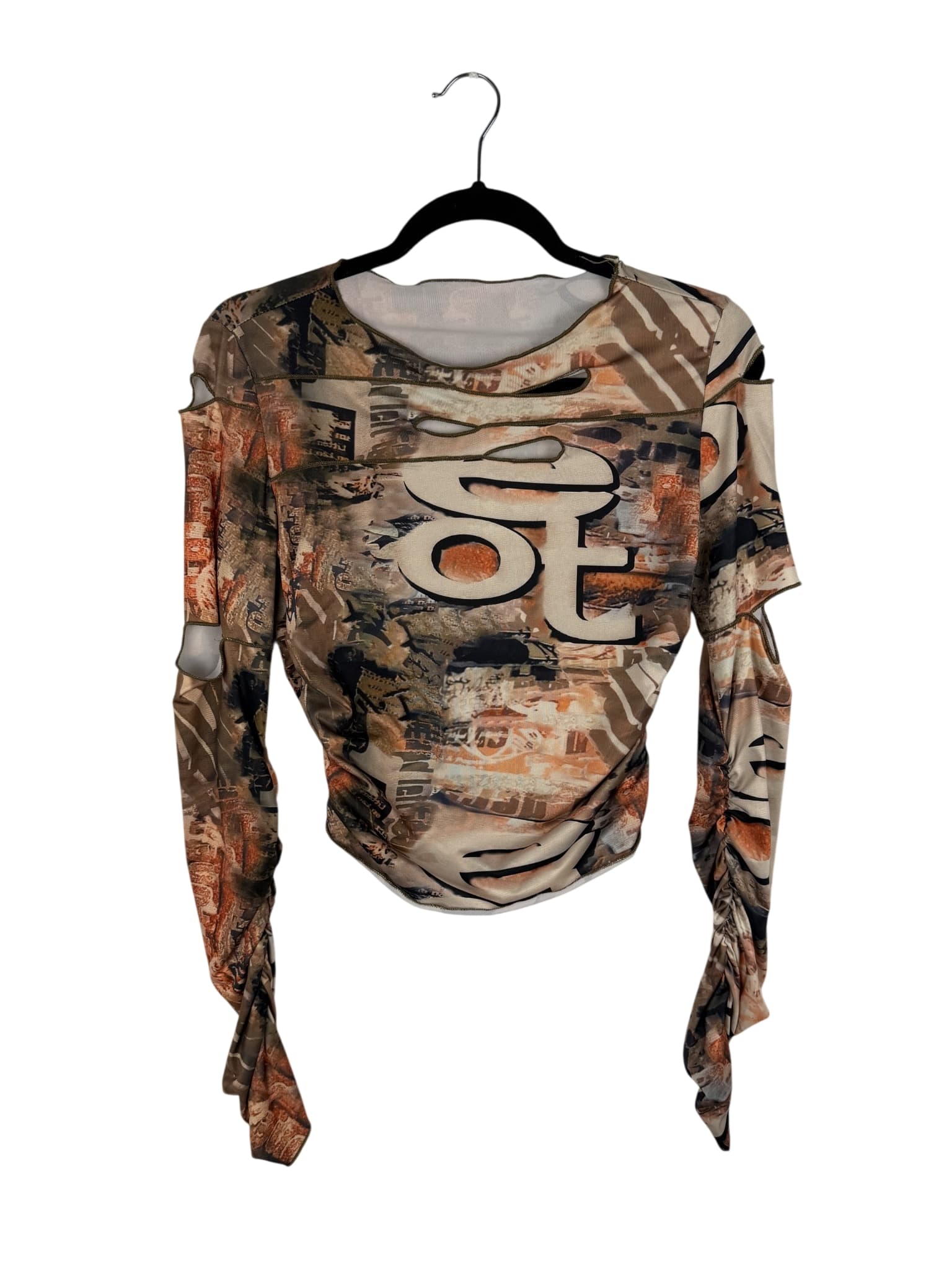 Y2K Long Sleeve Top Size L Distressed Print cut out crop fitted stretch — photo 1 of 6