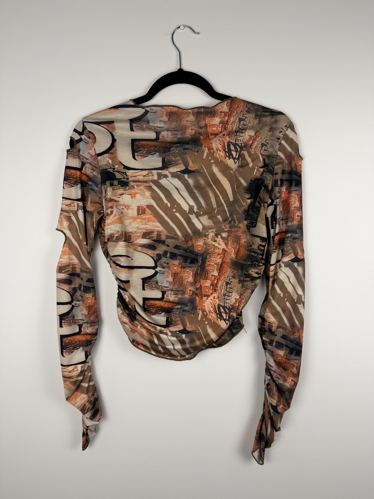 Y2K Long Sleeve Top Size L Distressed Print cut out crop fitted stretch — photo 2 of 6