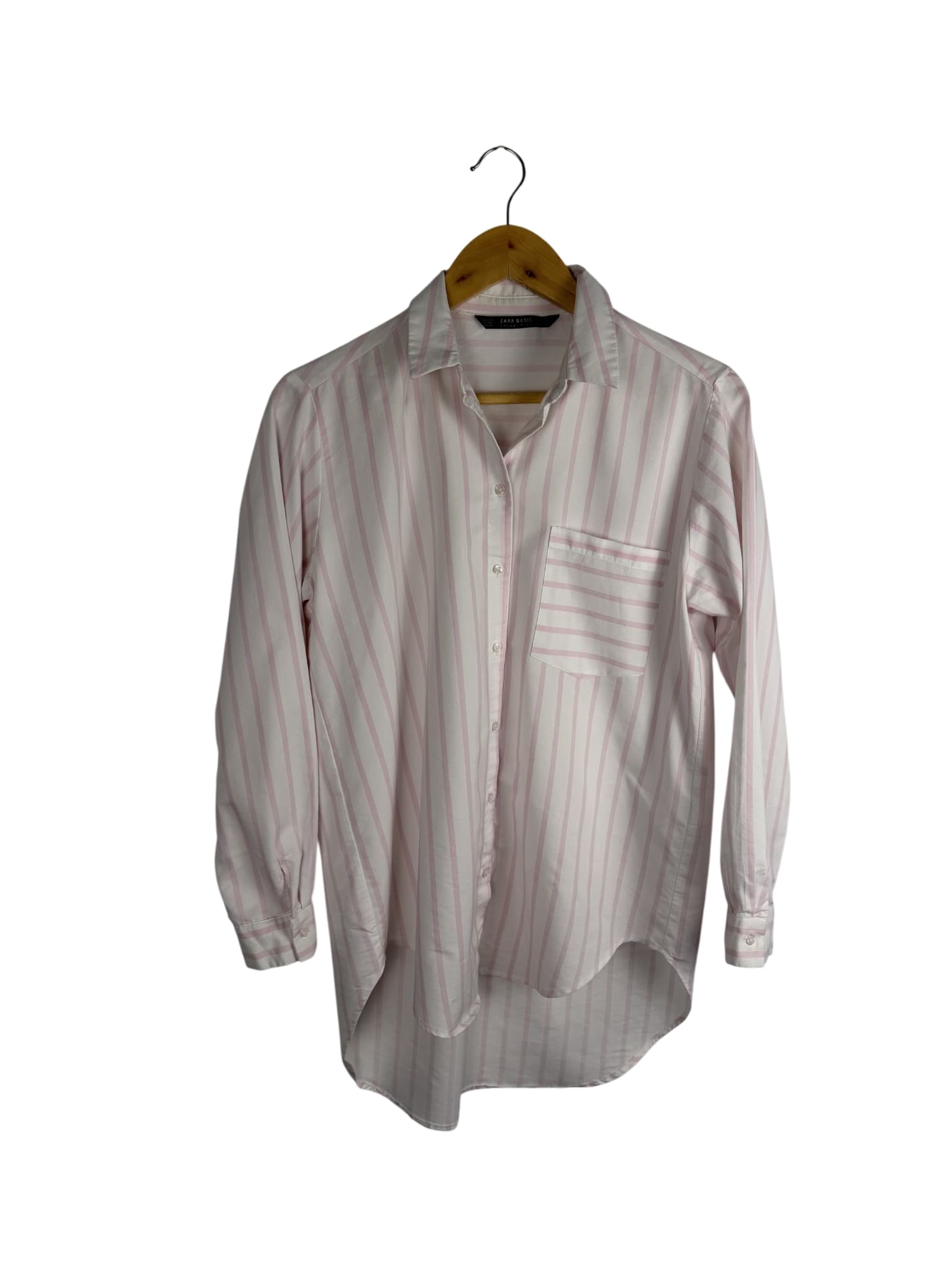 ZARA BASIC Basic Collection Pink and White Striped Long Sleeve Button-Down Shirt — photo 1 of 8