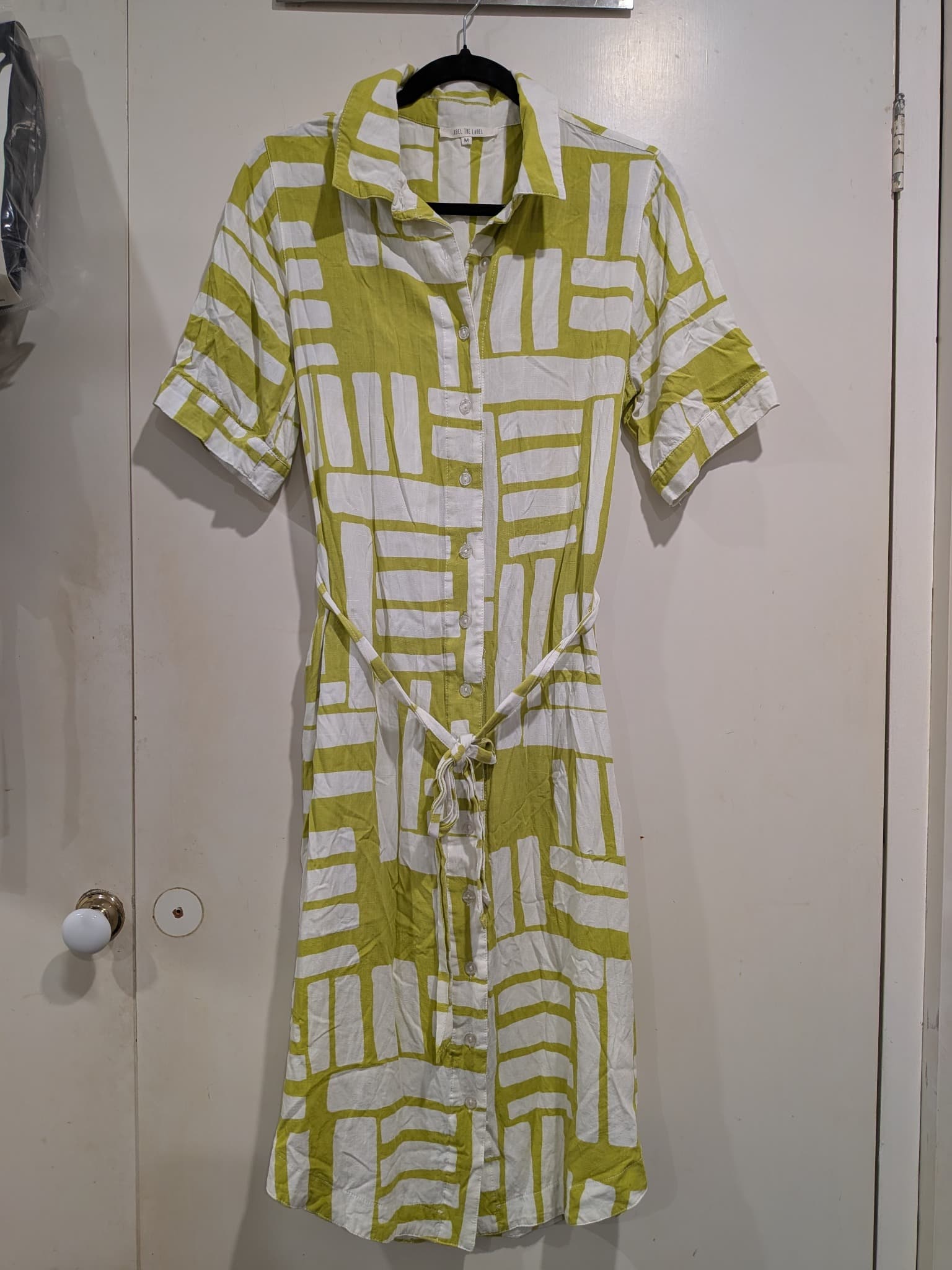 Abel The Label Shirt Dress M Lime Green White Geometric Print Belted Midi — photo 2 of 8
