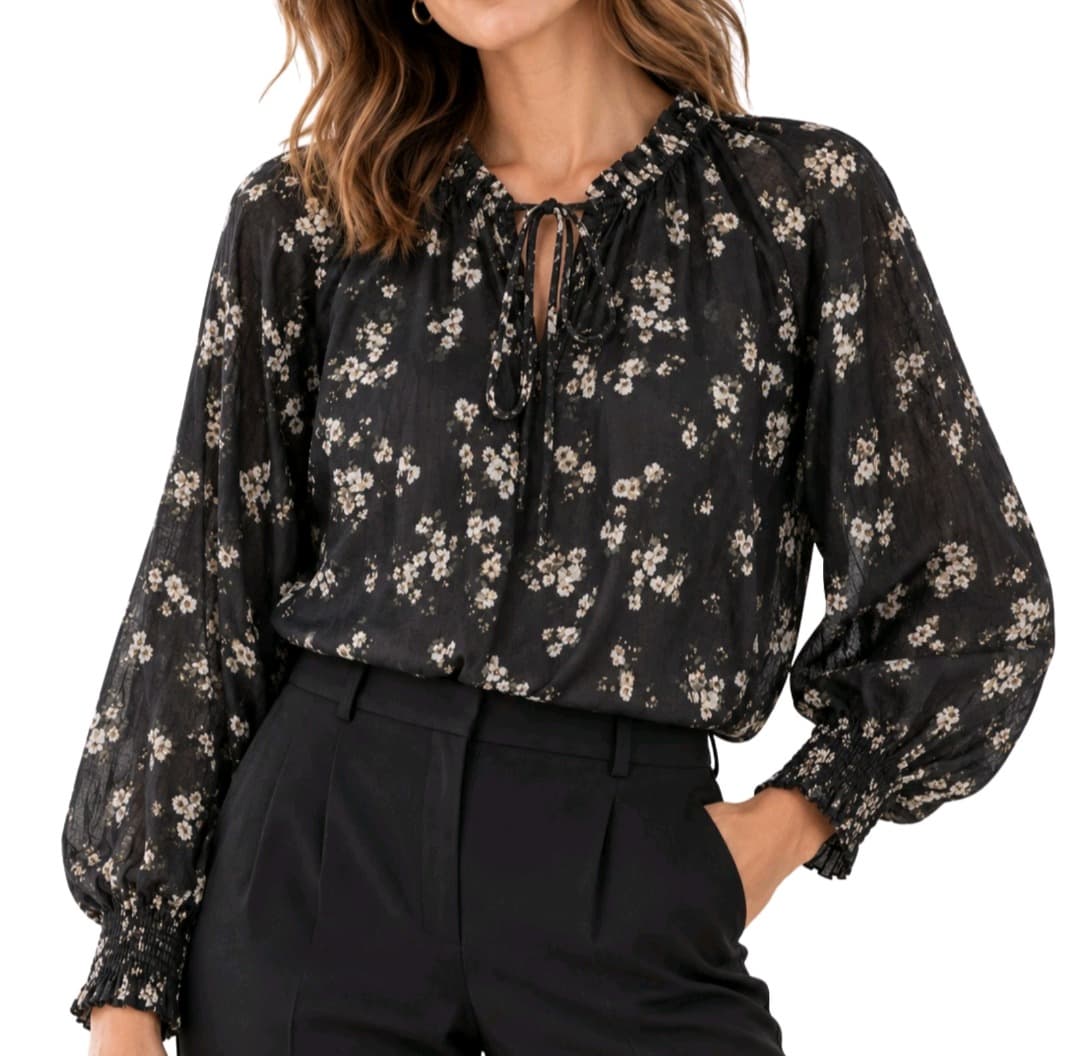 Adorne Adelaide Long Sleeve Top 14 Black Floral Cotton Tie Neck Blouse — photo 1 of 12