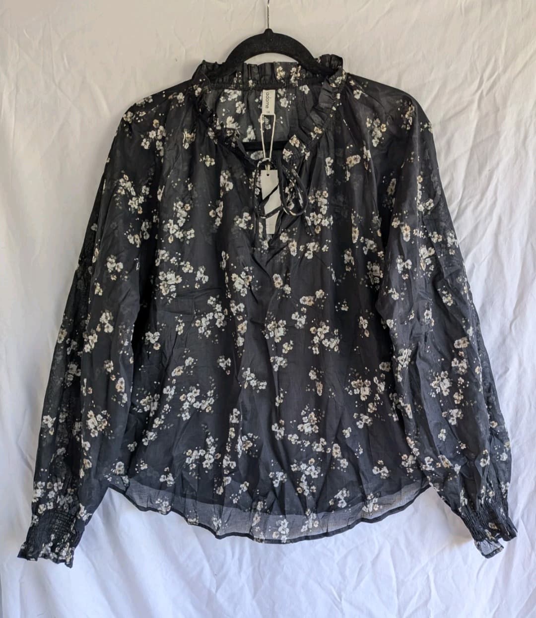 Adorne Adelaide Long Sleeve Top 14 Black Floral Cotton Tie Neck Blouse — photo 2 of 12