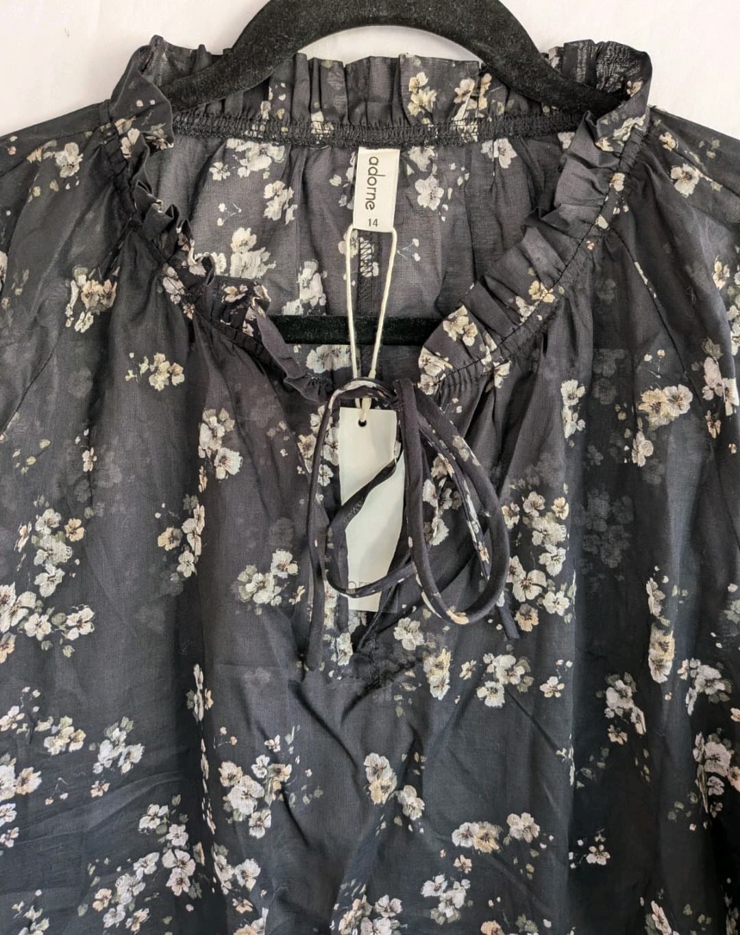 Adorne Adelaide Long Sleeve Top 14 Black Floral Cotton Tie Neck Blouse — photo 4 of 12