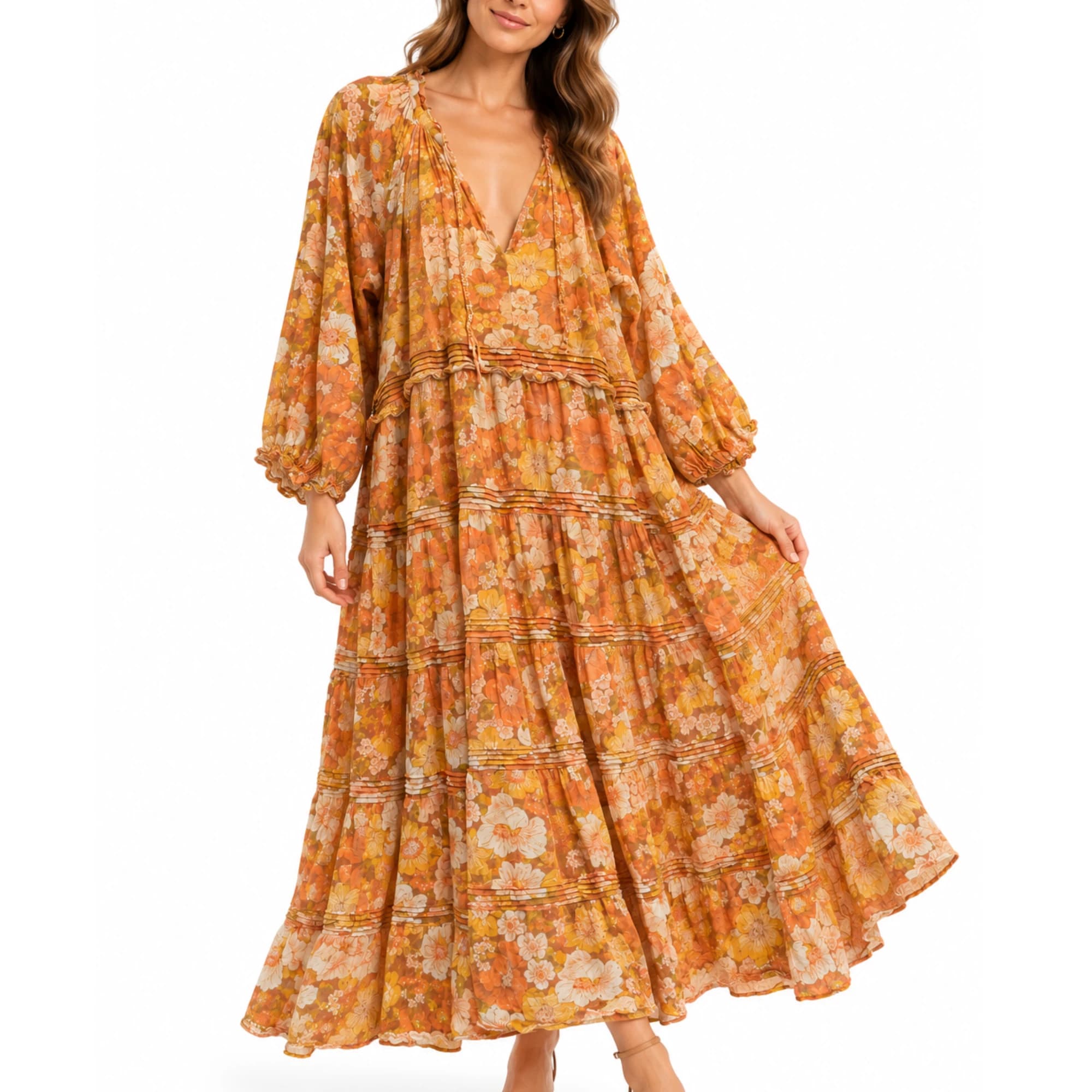 Bohemian Traders Floral Tiered Maxi Dress L Orange Yellow Floral — photo 1 of 12