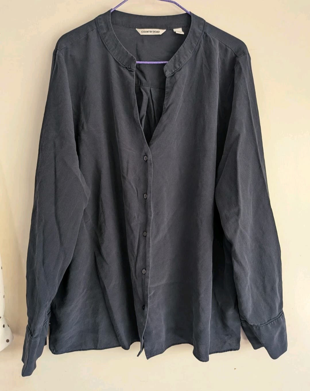 Country Road Blouse 16 Navy 100% Silk Mandarin Collar Button Up Shirt — photo 3 of 9