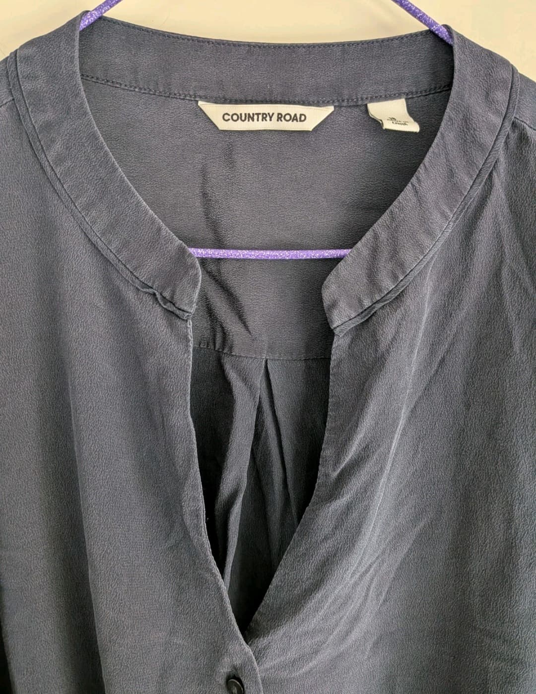 Country Road Blouse 16 Navy 100% Silk Mandarin Collar Button Up Shirt — photo 5 of 9