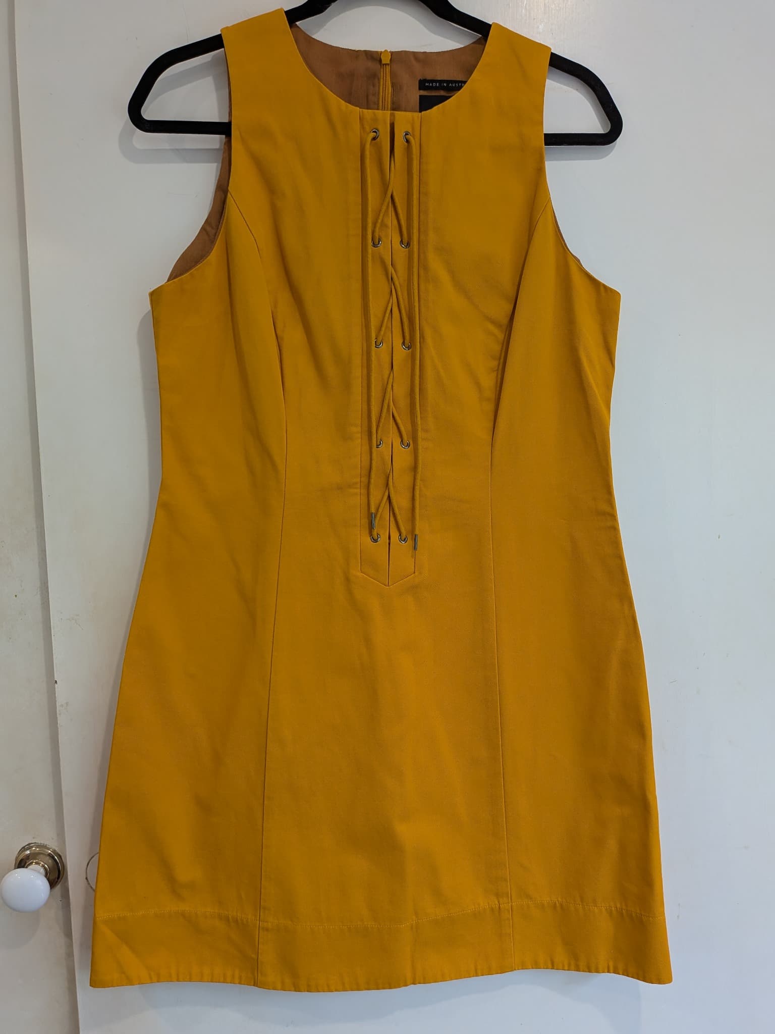 Cue Mustard Yellow Lace-Up Mini Dress Cotton Sleeveless Shift — photo 2 of 11