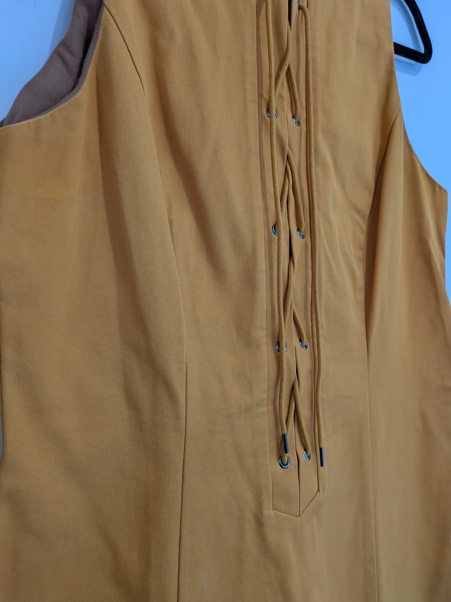Cue Mustard Yellow Lace-Up Mini Dress Cotton Sleeveless Shift — photo 4 of 11