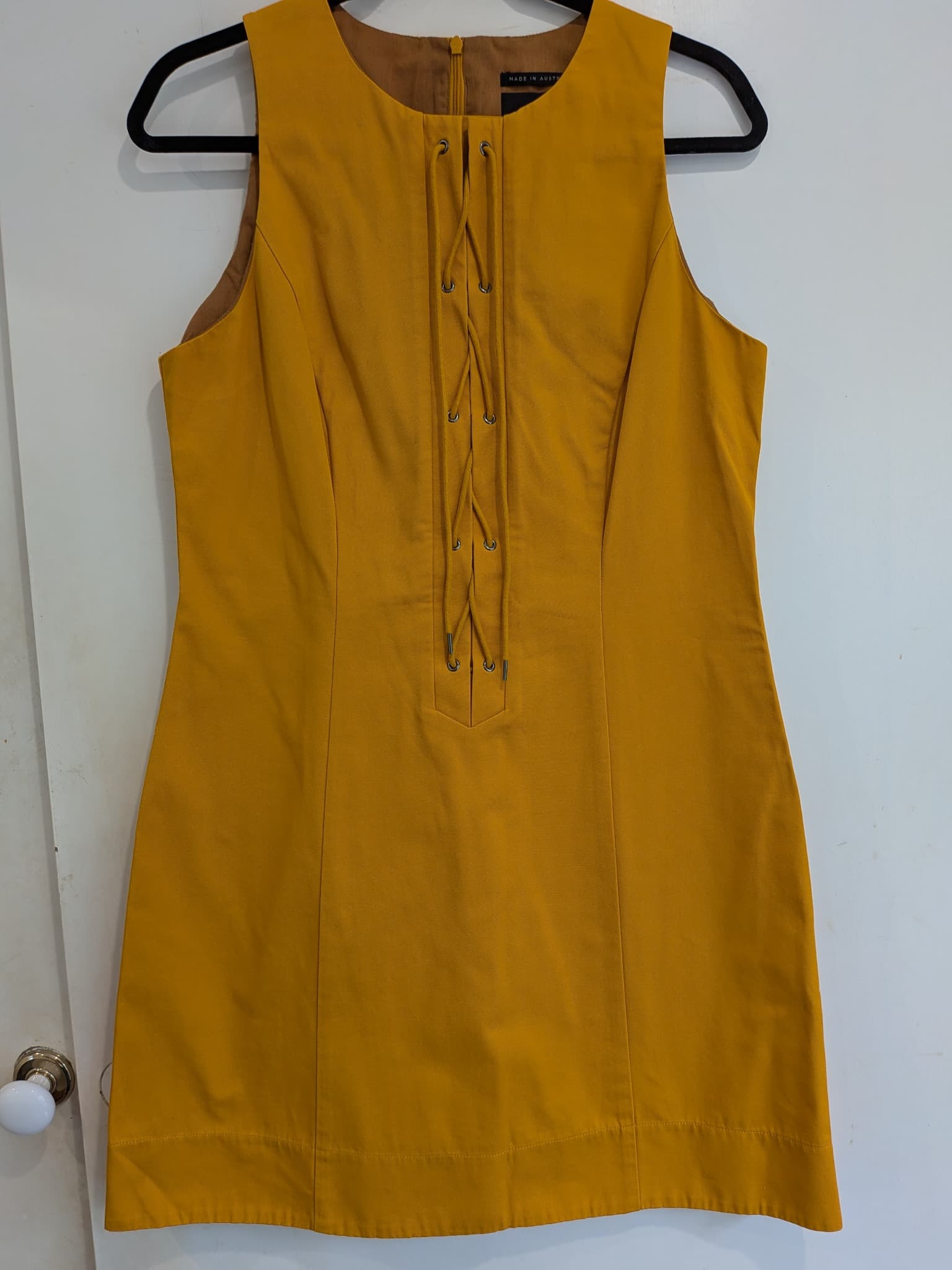 Cue Mustard Yellow Lace-Up Mini Dress Cotton Sleeveless Shift — photo 3 of 11