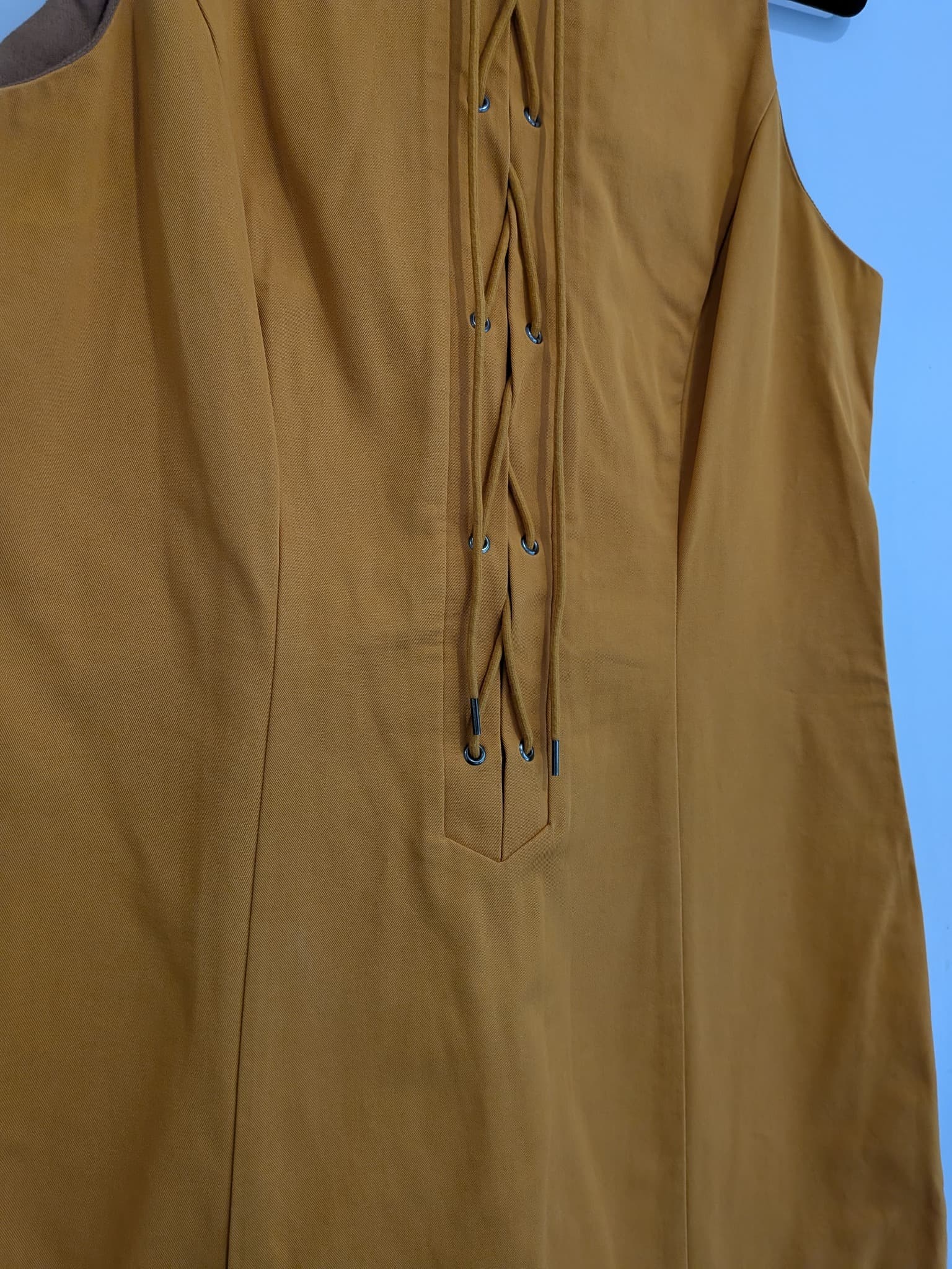 Cue Mustard Yellow Lace-Up Mini Dress Cotton Sleeveless Shift — photo 6 of 11
