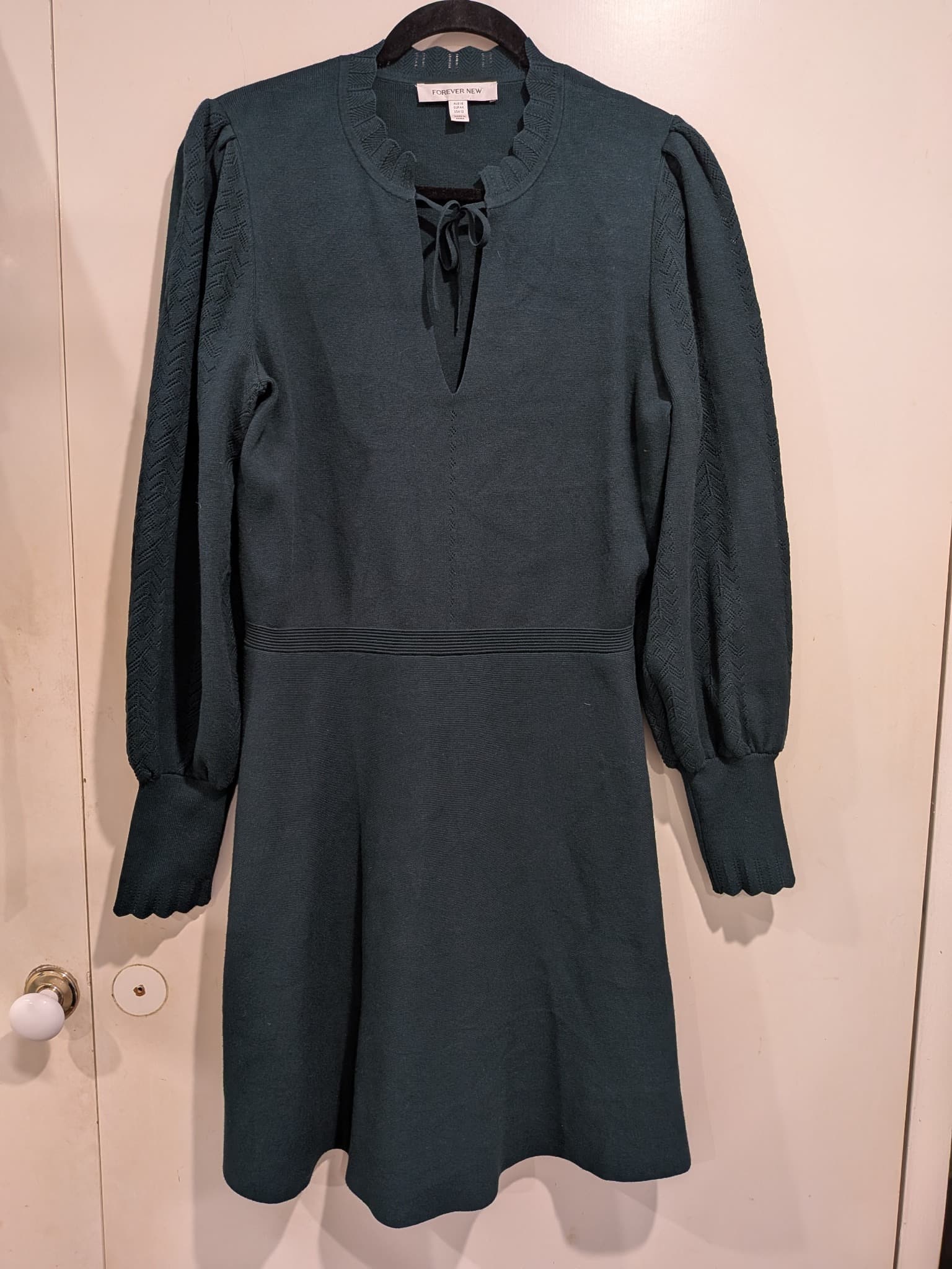 Forever New Knit Mini Dress Tie Neck Long Sleeve Dark Green Size 16 — photo 2 of 8