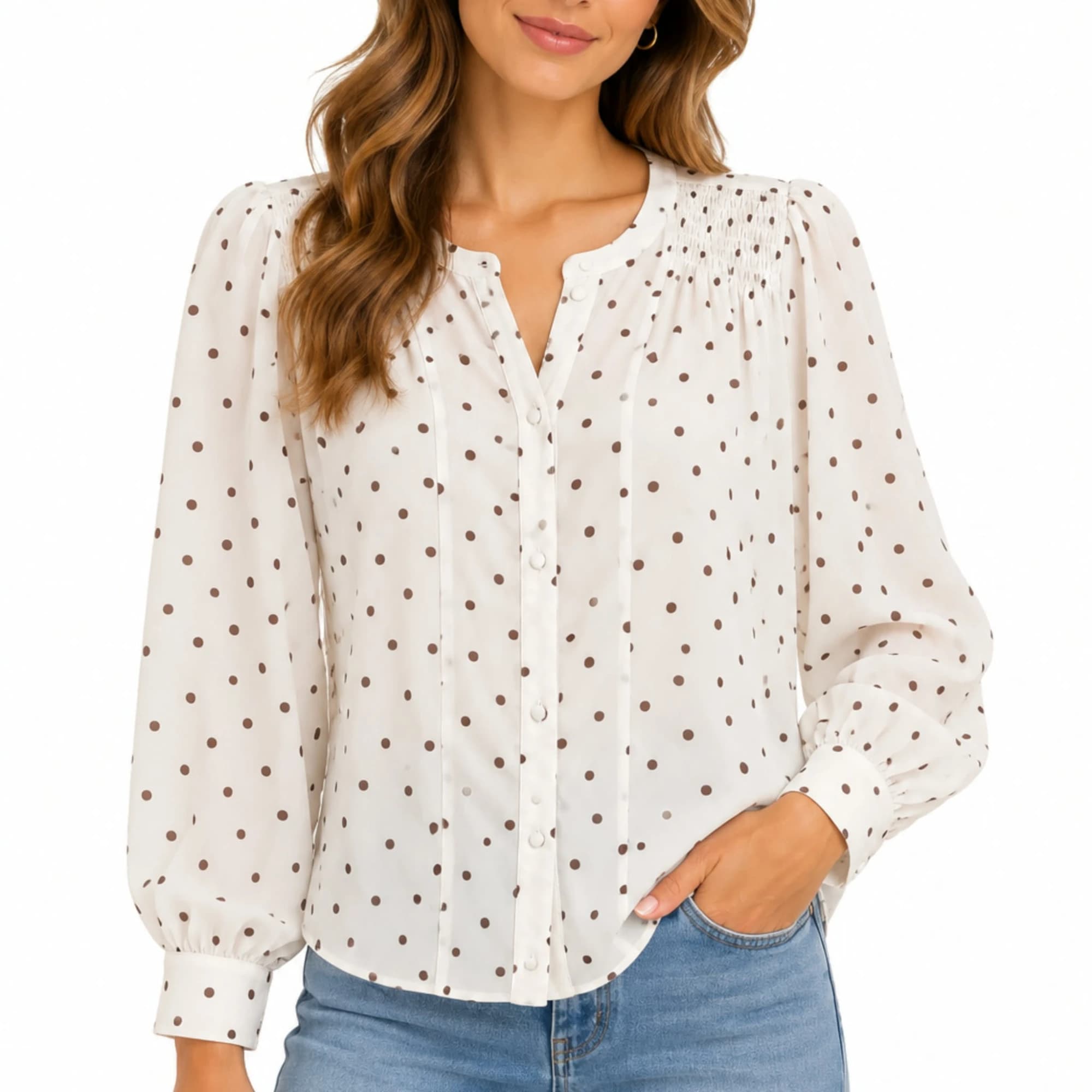Forever New Womens Blouse Size 16 White Brown Polka Dot Long Sleeve Shirt — photo 1 of 9