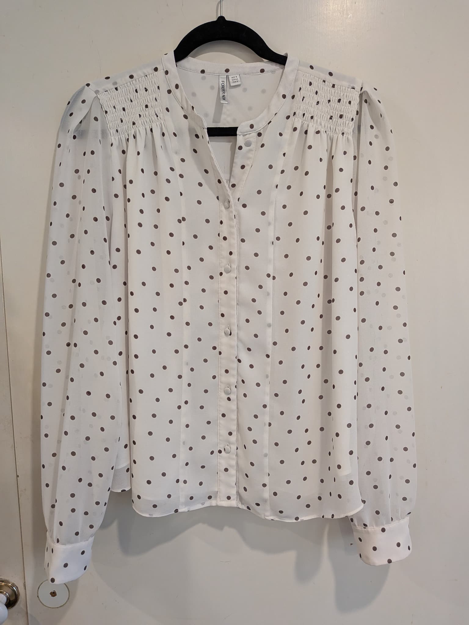 Forever New Womens Blouse Size 16 White Brown Polka Dot Long Sleeve Shirt — photo 2 of 9