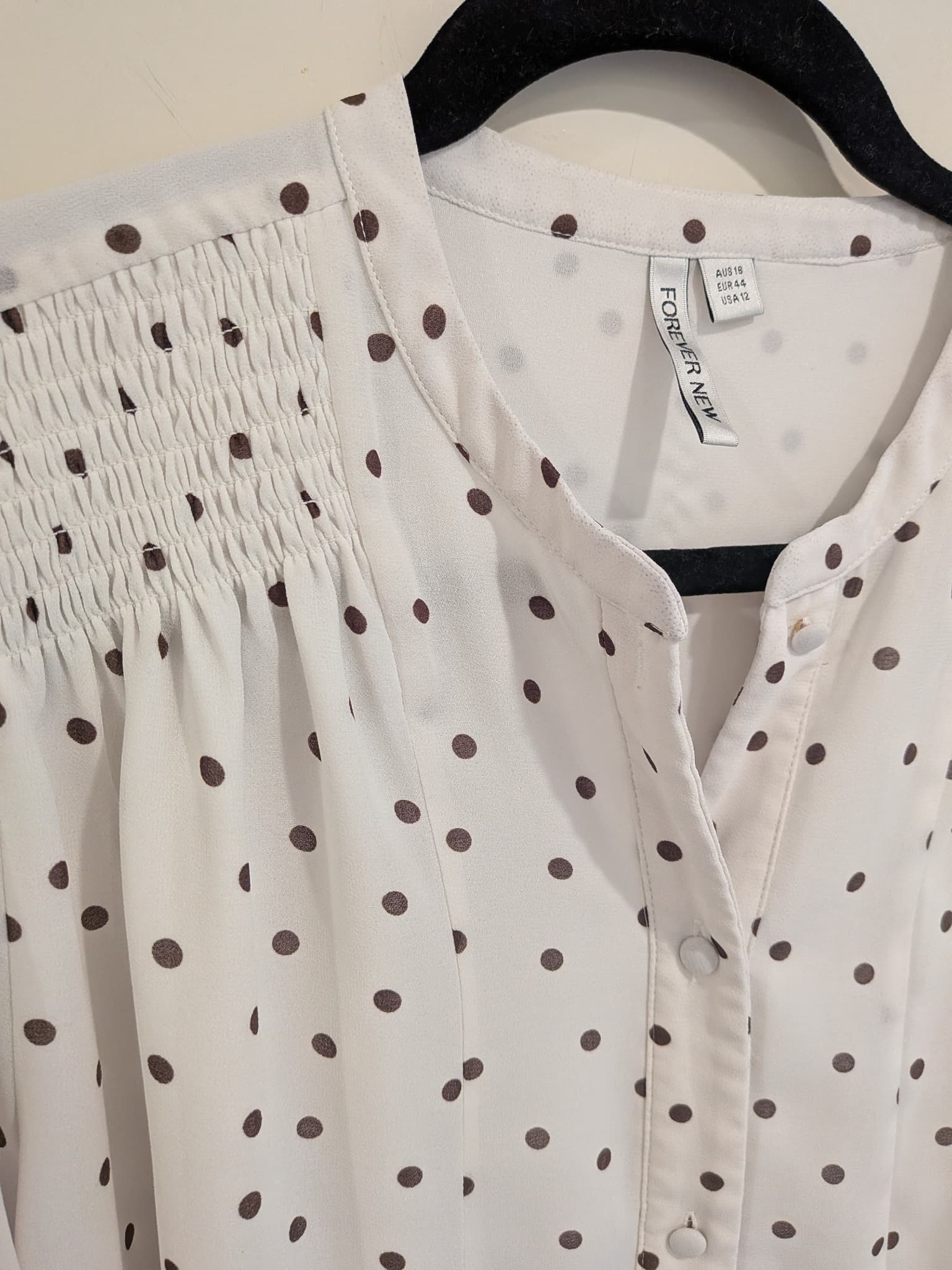Forever New Womens Blouse Size 16 White Brown Polka Dot Long Sleeve Shirt — photo 5 of 9