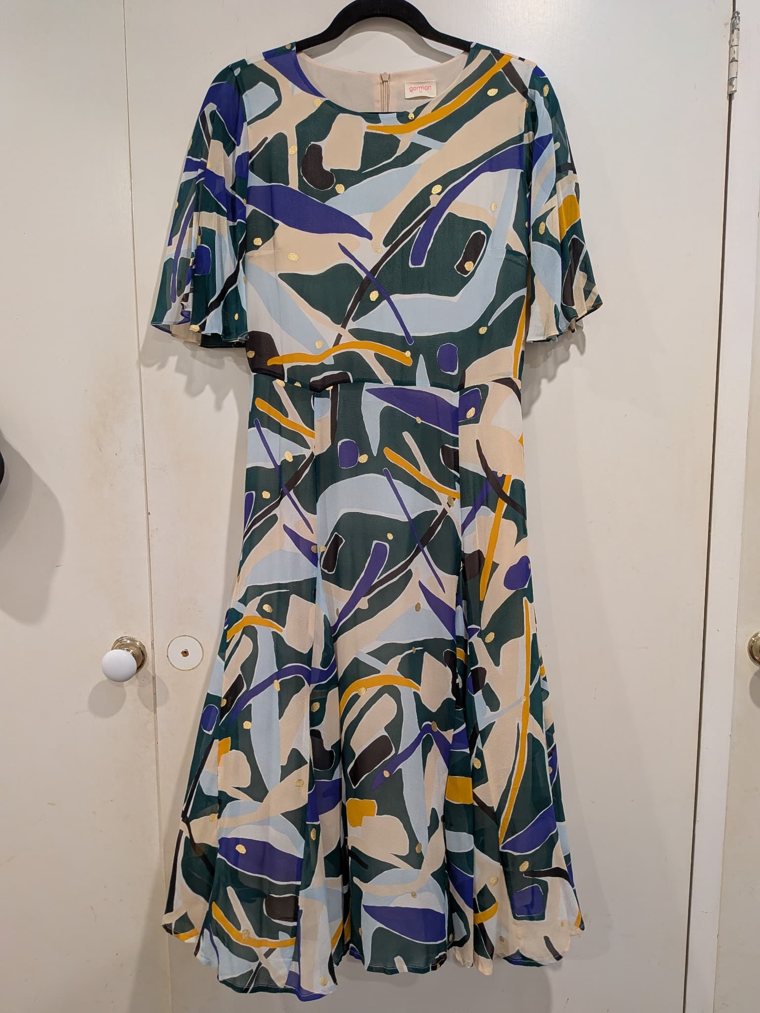 Gorman Silk Midi Dress Size 10 Abstract Print Flutter Sleeve — photo 2 of 8