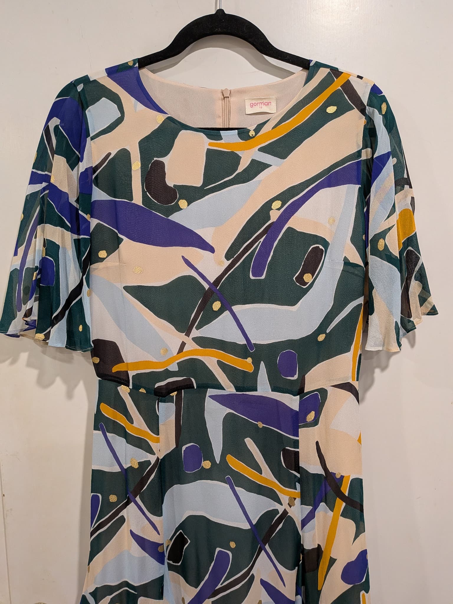 Gorman Silk Midi Dress Size 10 Abstract Print Flutter Sleeve — photo 4 of 8