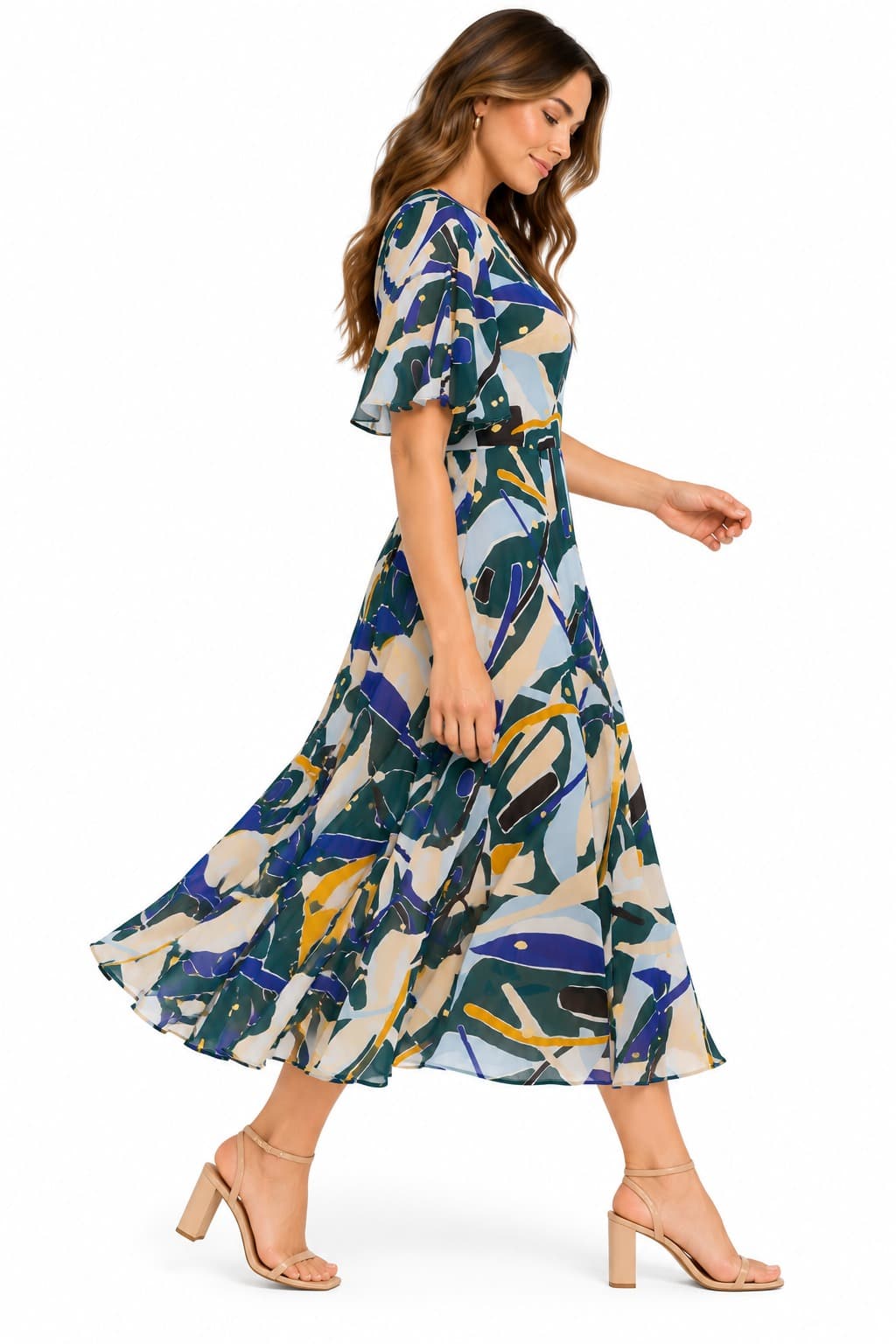 Gorman Silk Midi Dress Size 10 Abstract Print Flutter Sleeve — photo 1 of 8