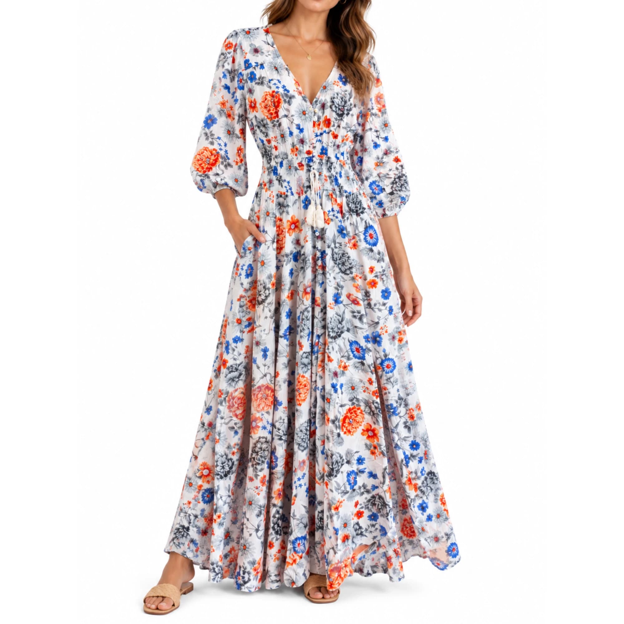 Jaase Floral Maxi Dress Size S White Orange Blue Lace Back Boho — photo 1 of 14