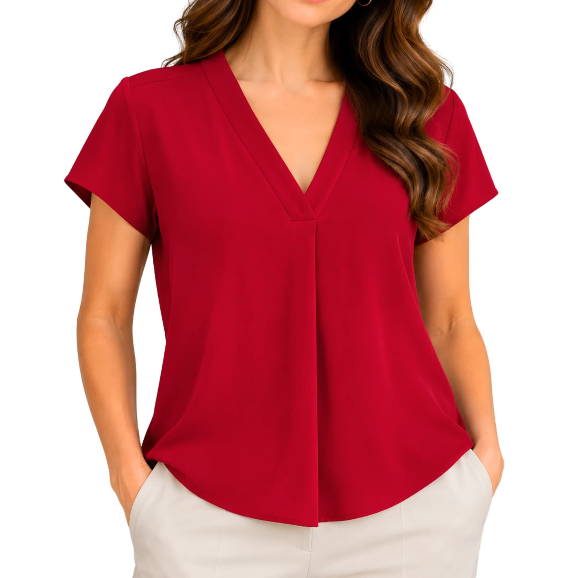 L&F V-Neck Short Sleeve Blouse Red Size 16 Polyester Elastane — photo 1 of 7