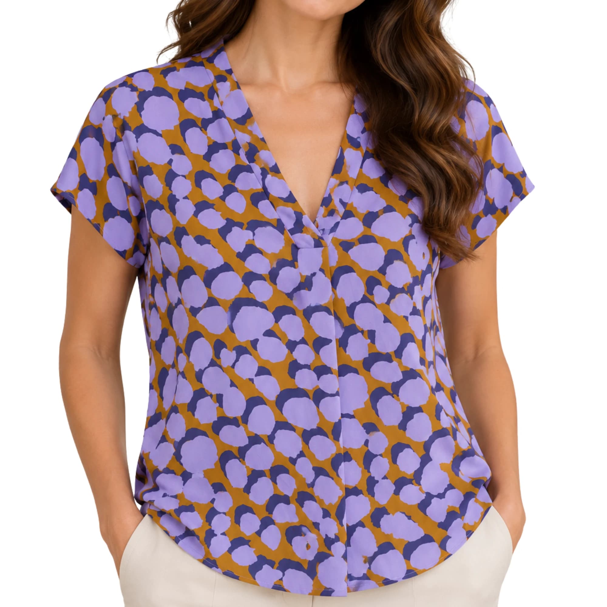 Leina & Fleur V-Neck Short Sleeve Blouse Size 14 Purple Mustard Animal Print — photo 1 of 6