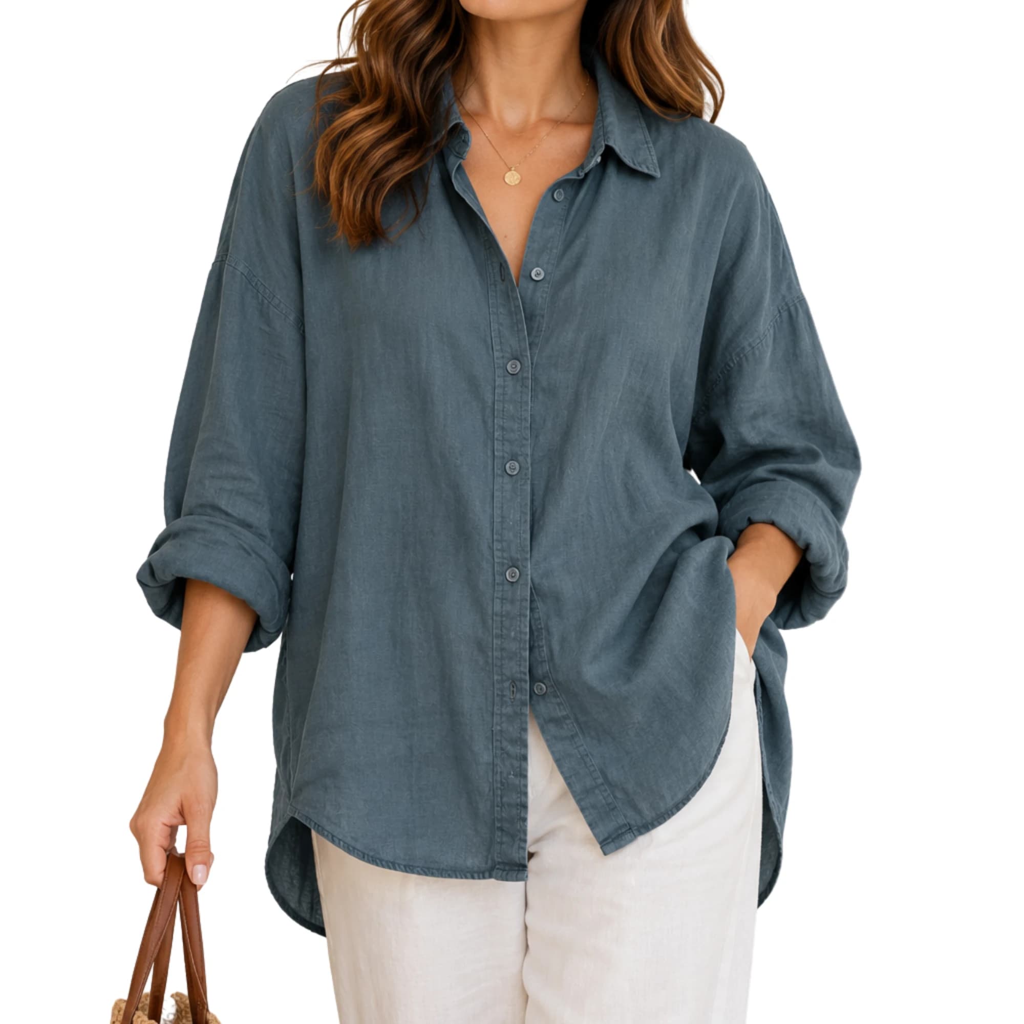 Little Lies Button Down Shirt 100% Linen Dark Teal Size L — photo 1 of 8