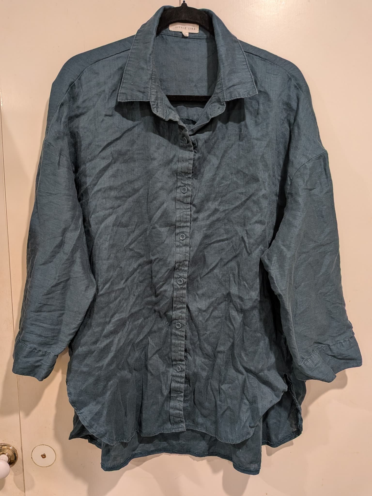 Little Lies Button Down Shirt 100% Linen Dark Teal Size L — photo 2 of 8