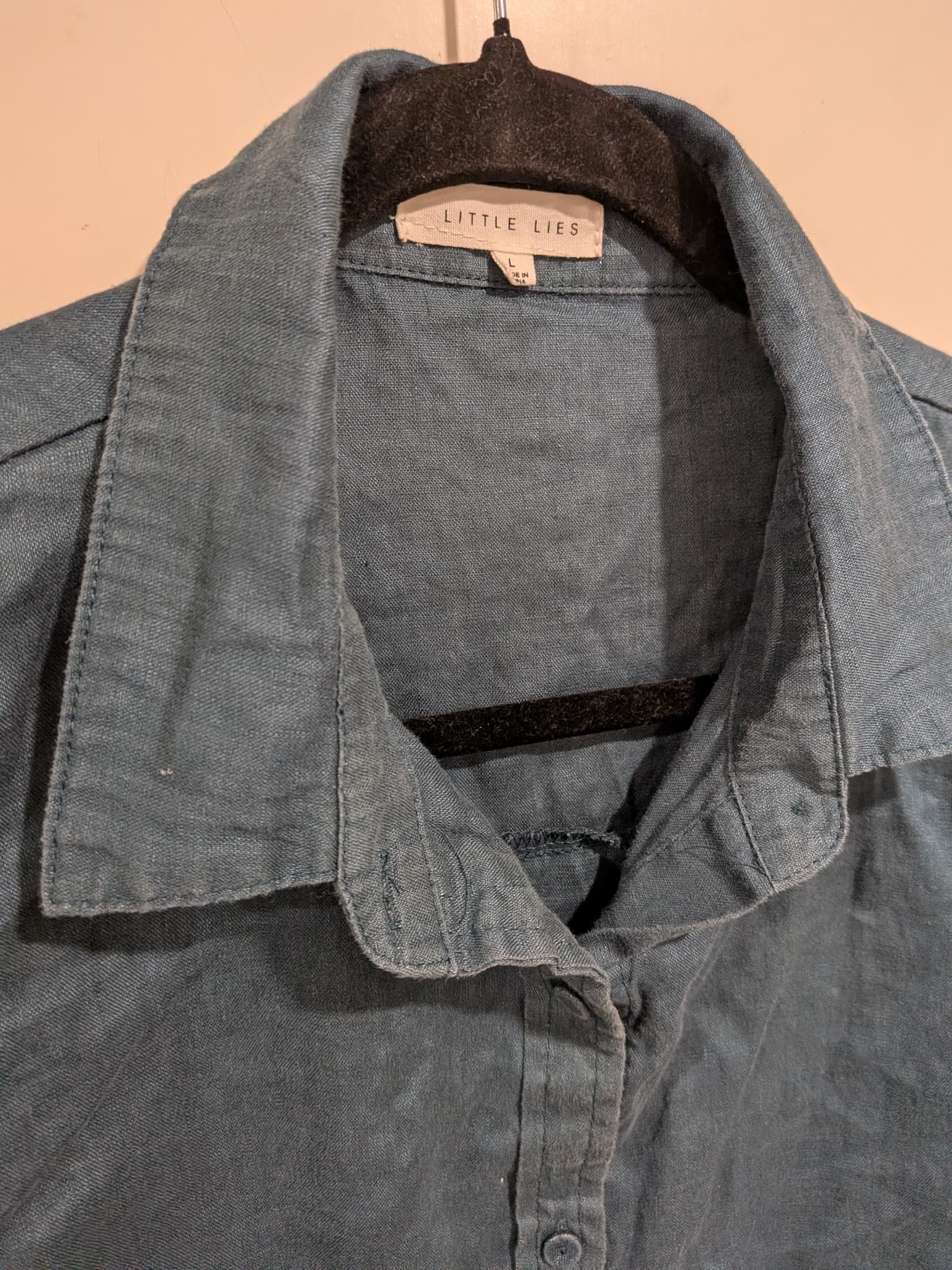 Little Lies Button Down Shirt 100% Linen Dark Teal Size L — photo 4 of 8