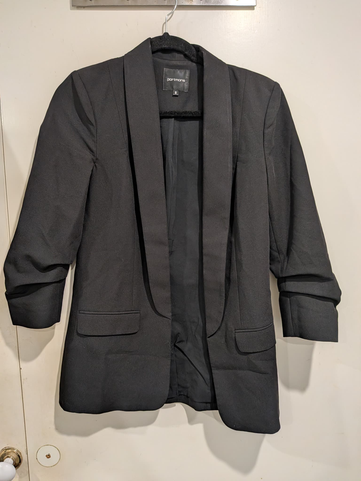 Portmans Blazer Size 8 Black Ruched Sleeve Polyester Blend Open Front Jacket — photo 2 of 6