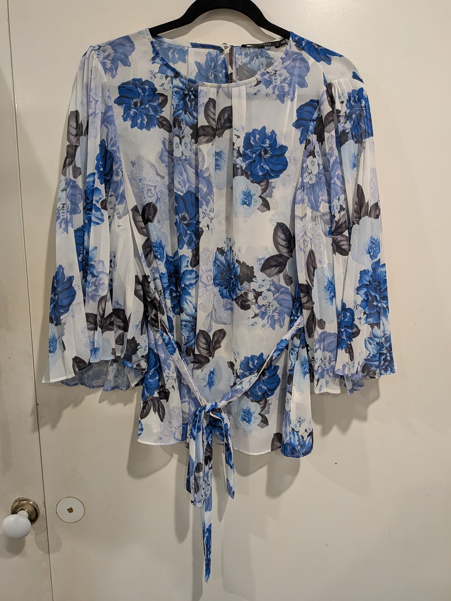 Portmans Blouse 14 Blue Floral Chiffon Tie-Waist Long Sleeve — photo 2 of 9
