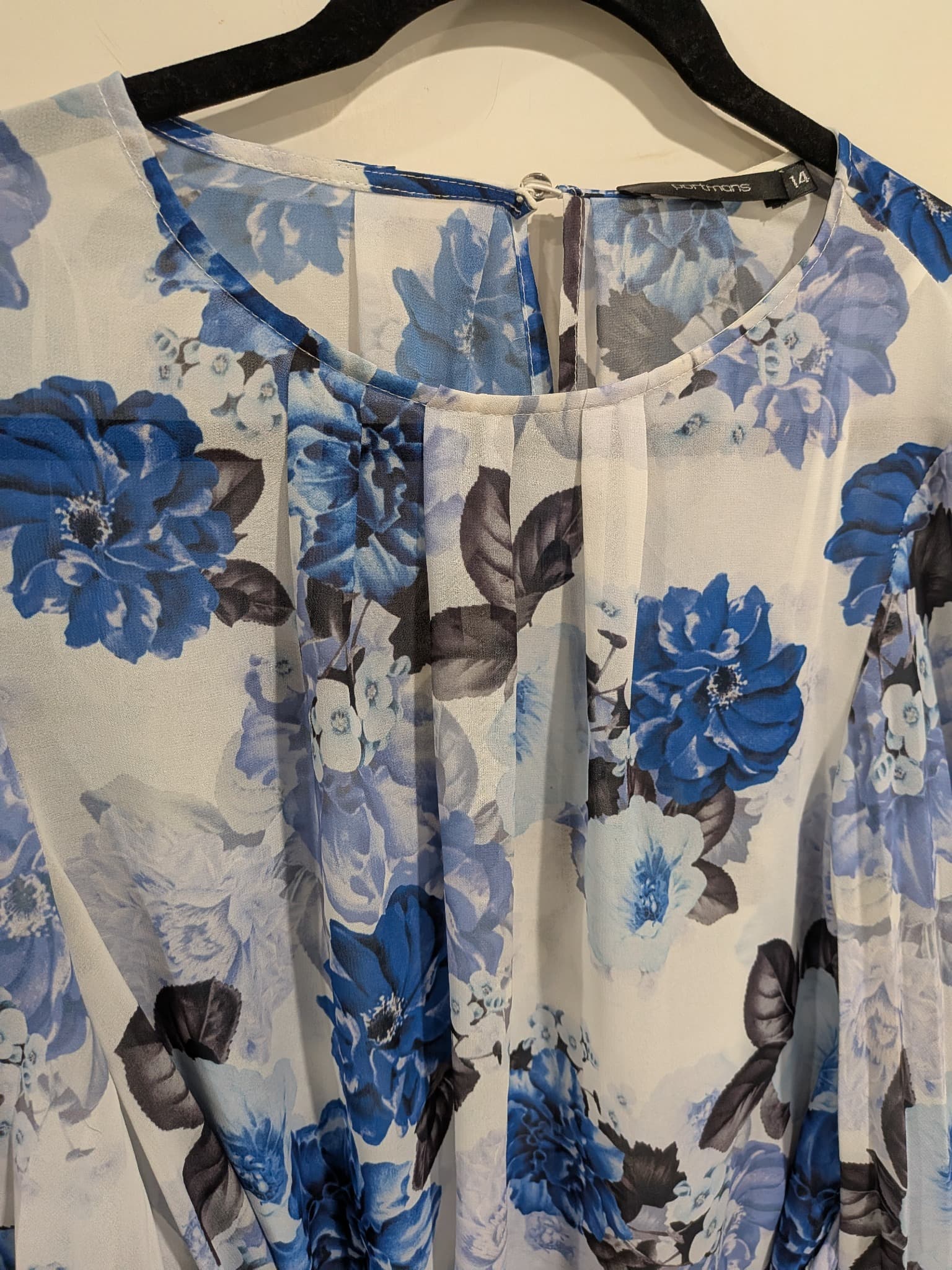 Portmans Blouse 14 Blue Floral Chiffon Tie-Waist Long Sleeve — photo 5 of 9