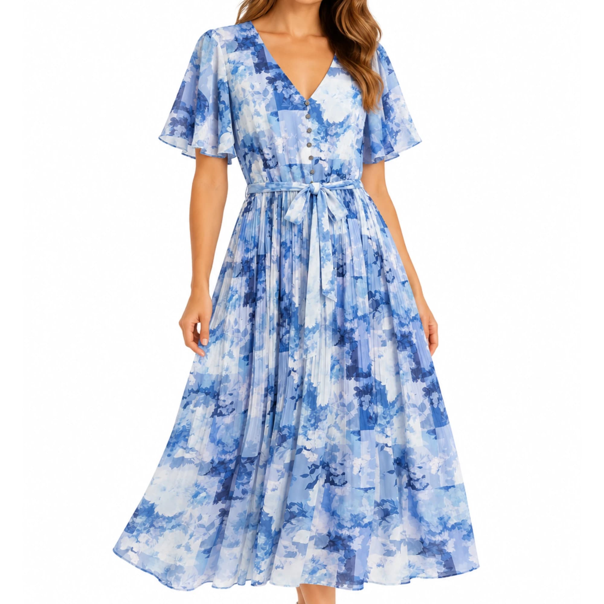Portmans Blue Floral Pleated Midi Dress Size 8 — photo 1 of 13