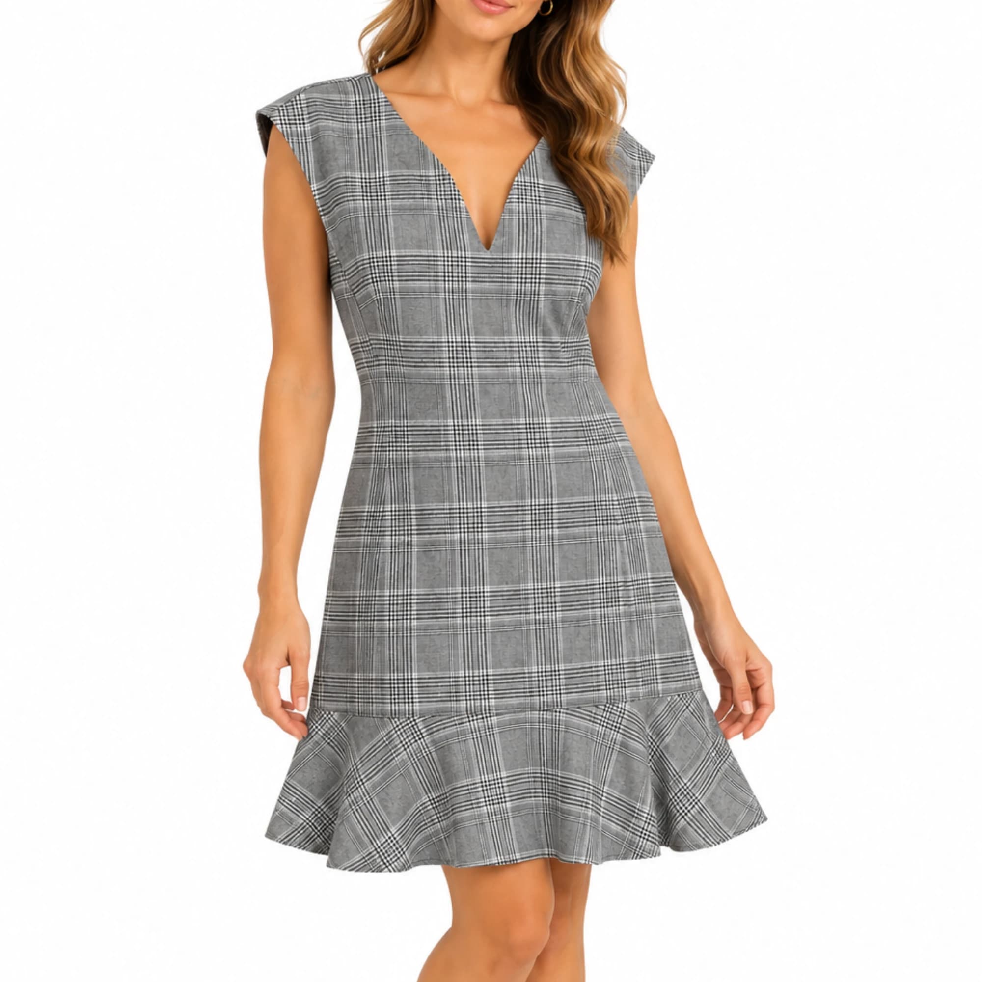 Portmans Dress Size 14 Grey Plaid Check Sleeveless Ruffle Hem — photo 1 of 9