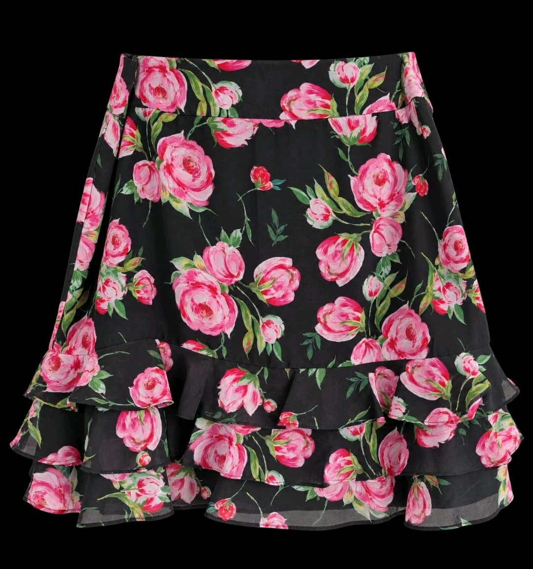 Review Floral Ruffled Mini Skirt Size 16 Black Polyester — photo 2 of 9