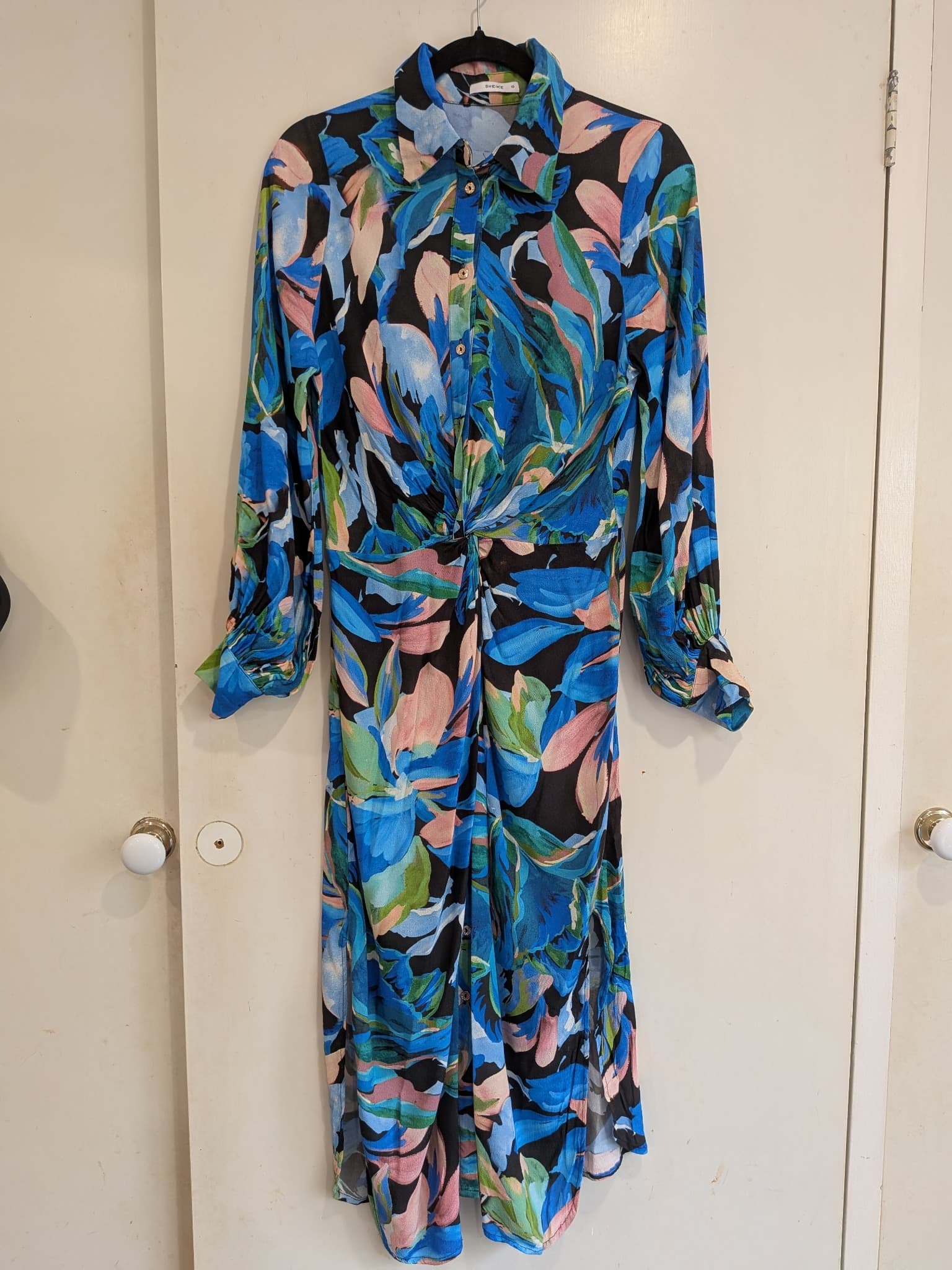 SHEIKE Floral Twist Front Midi Dress 10 Blue Long Sleeve Button Up — photo 2 of 13