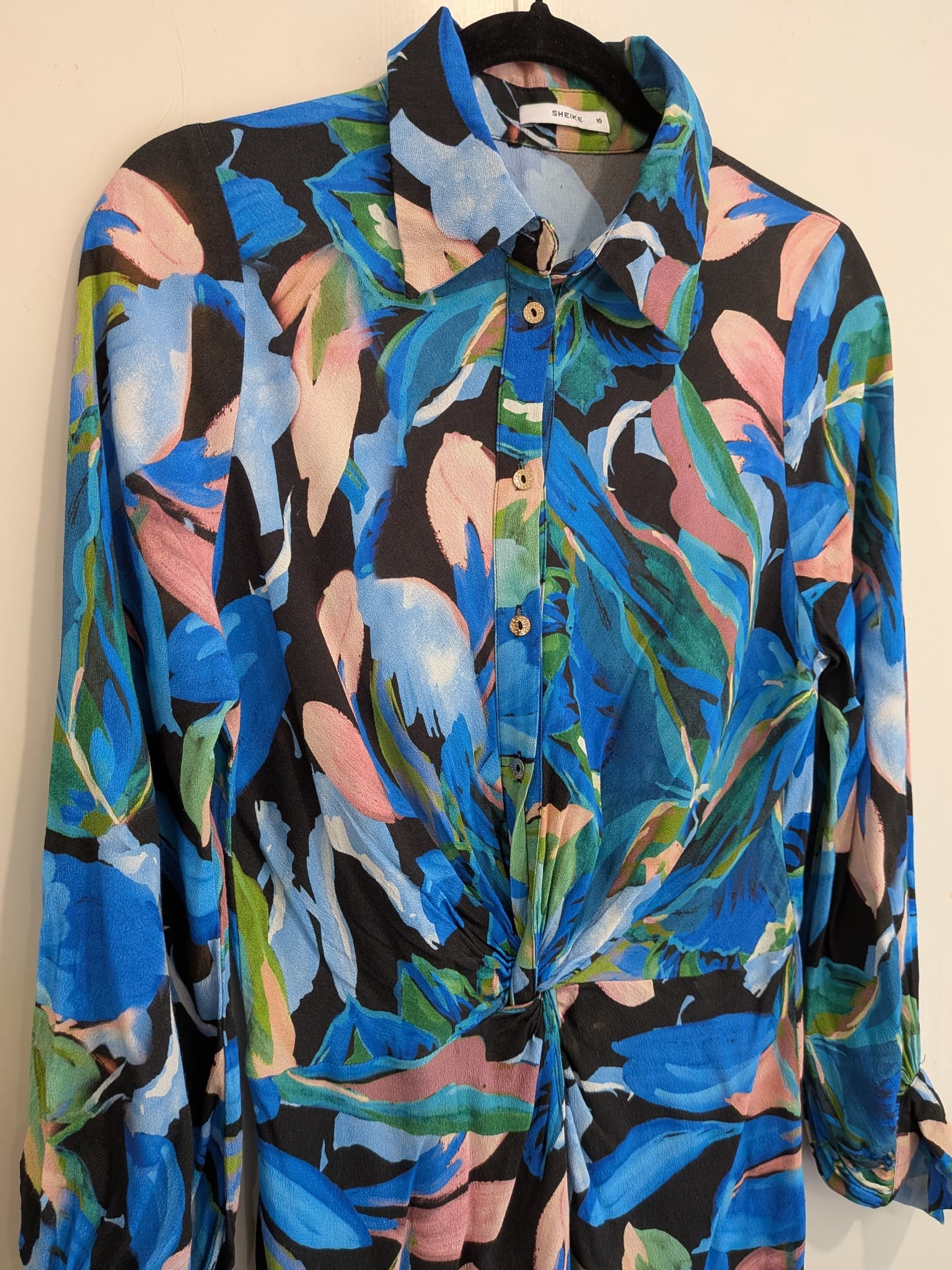 SHEIKE Floral Twist Front Midi Dress 10 Blue Long Sleeve Button Up — photo 5 of 13