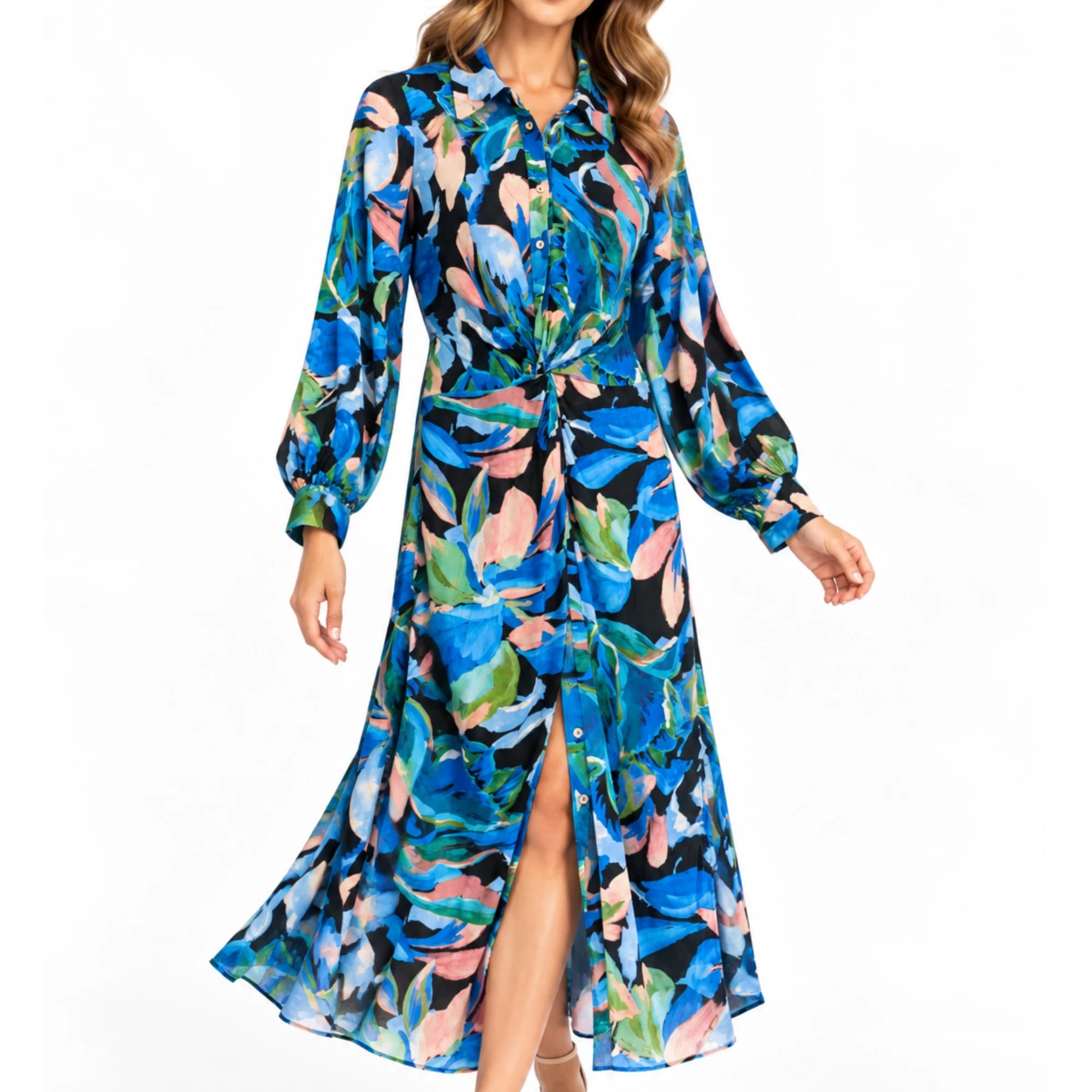 SHEIKE Floral Twist Front Midi Dress 10 Blue Long Sleeve Button Up — photo 1 of 13