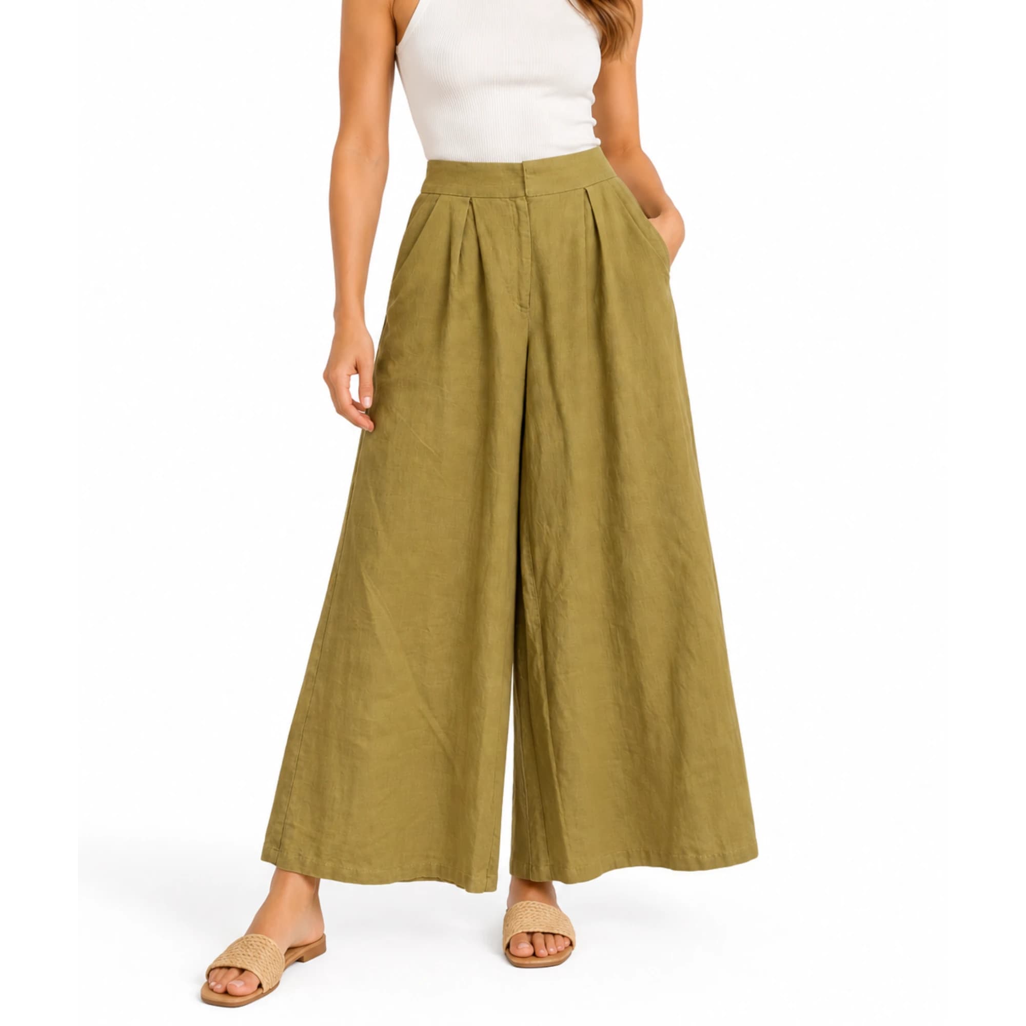 Sheike Trousers 14 Mustard 100% Linen High Waisted Pleated Wide Leg — photo 1 of 11