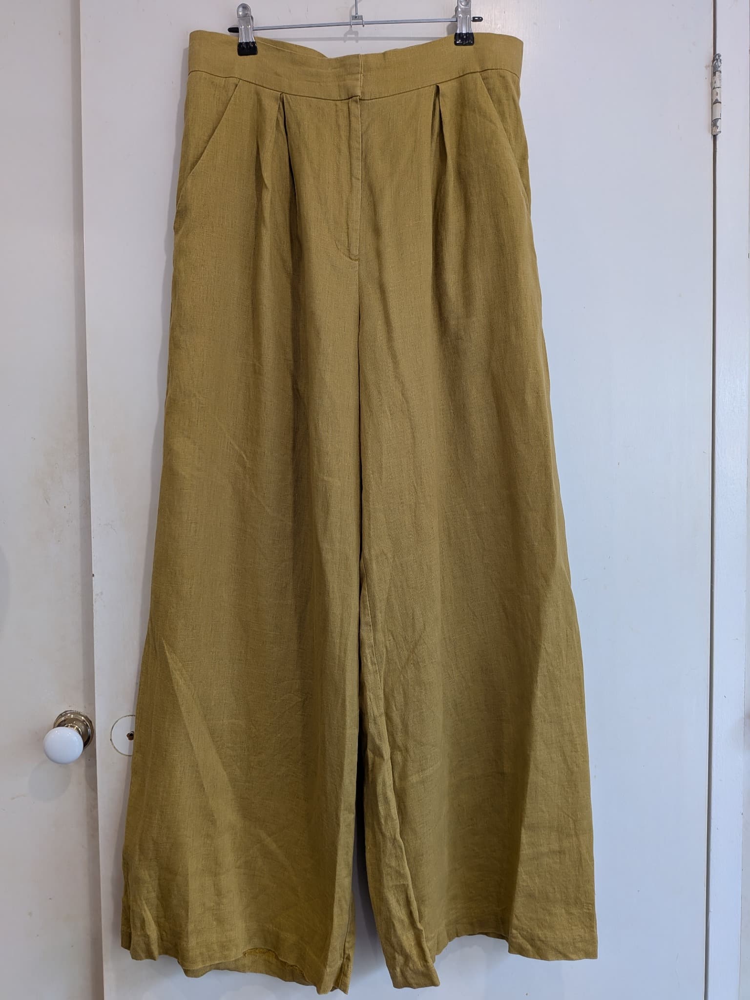 Sheike Trousers 14 Mustard 100% Linen High Waisted Pleated Wide Leg — photo 2 of 11