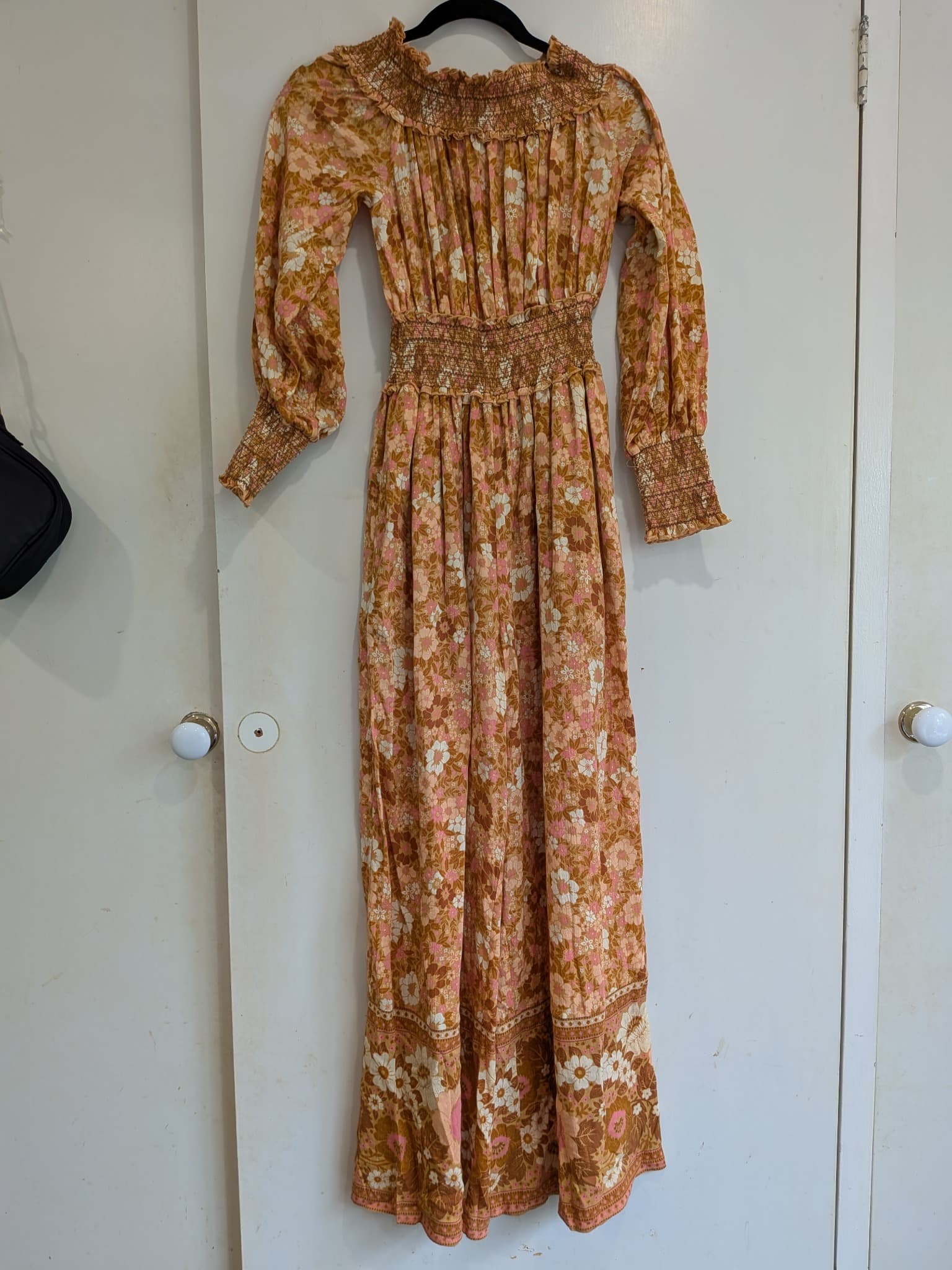 Spell & The Gypsy Collective Jumpsuit S Floral Brown Pink Boho Smocked Waist — photo 2 of 10